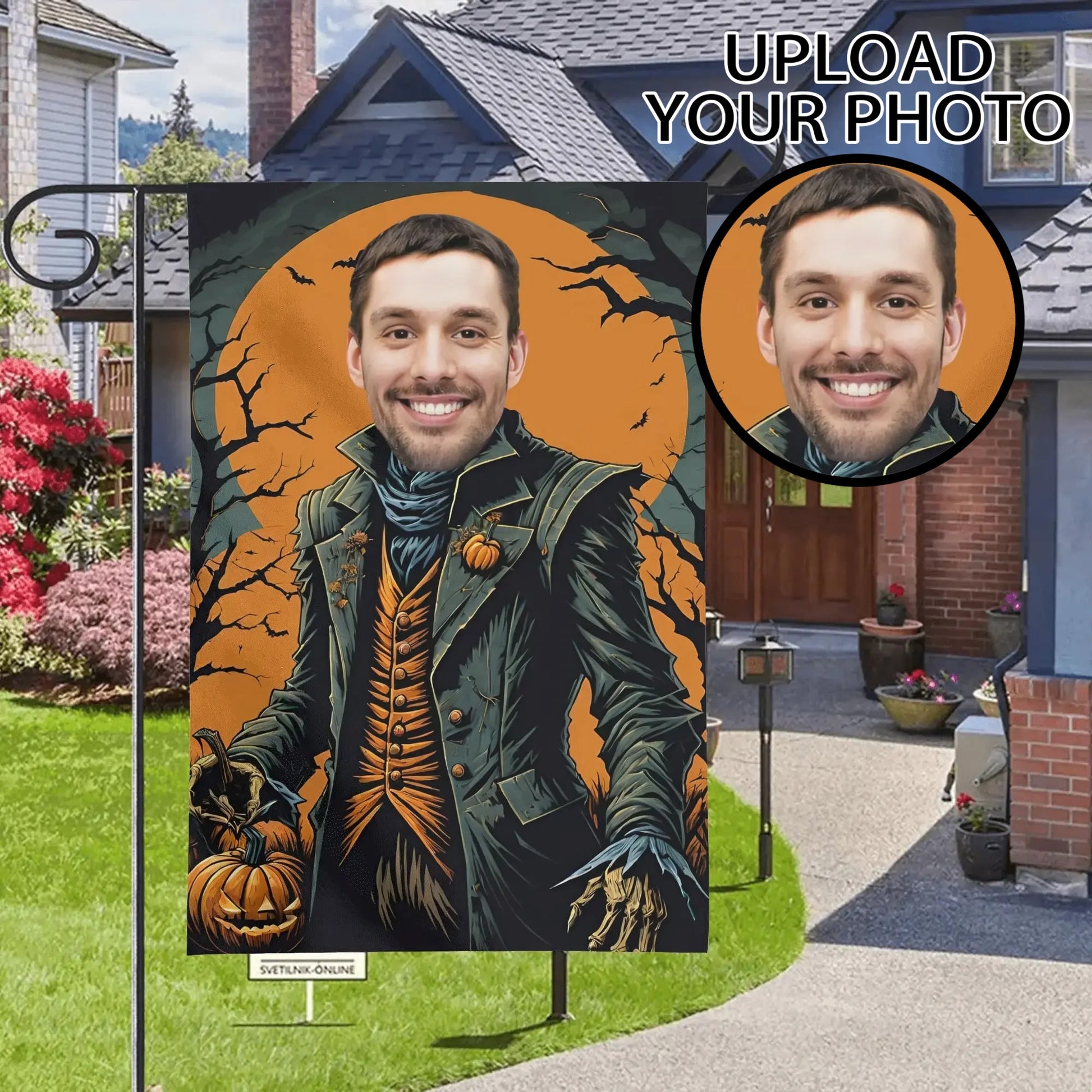 Custom Halloween garden flag featuring a personalized photo as a pumpkin-themed gentleman in gothic attire, holding pumpkins under a glowing full moon with a haunted forest background.