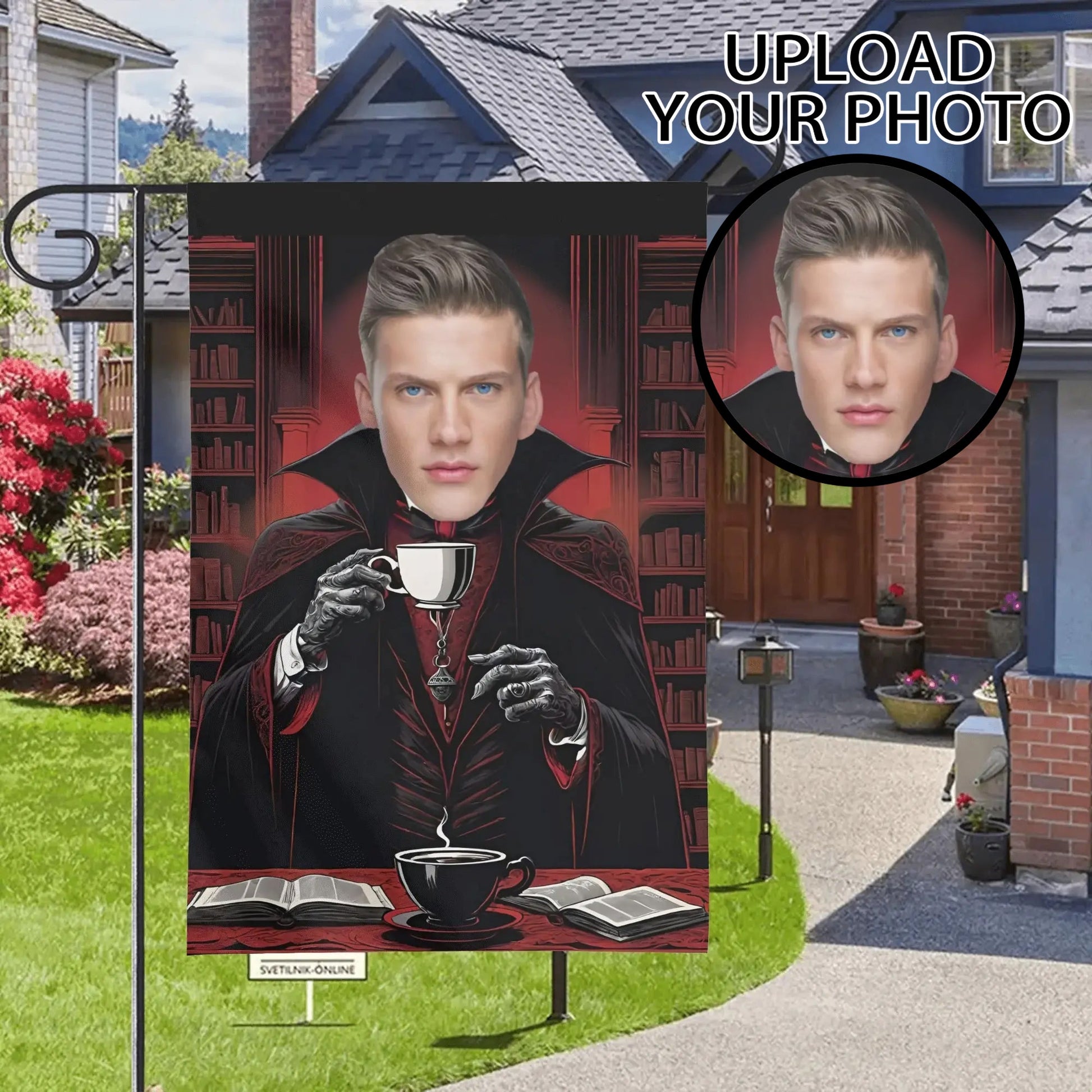 Custom Halloween vampire garden flag with uploaded photo, gothic design, outdoor yard décor.