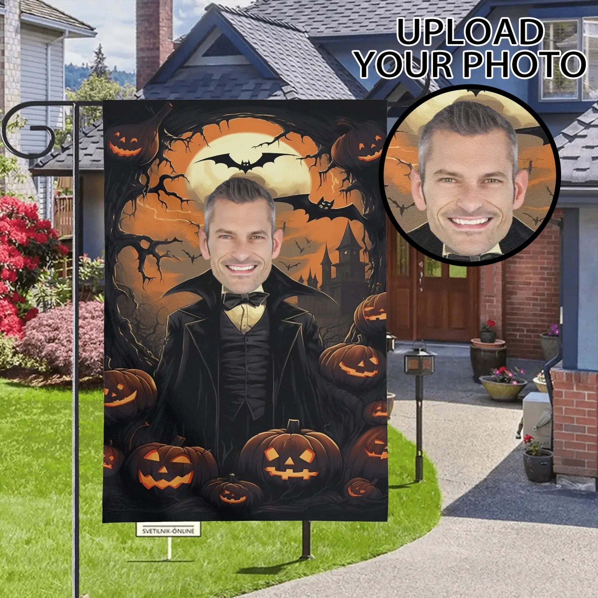 Custom Halloween garden flag with a personalized photo as a vampire surrounded by jack-o’-lanterns, bats, and a haunted castle.