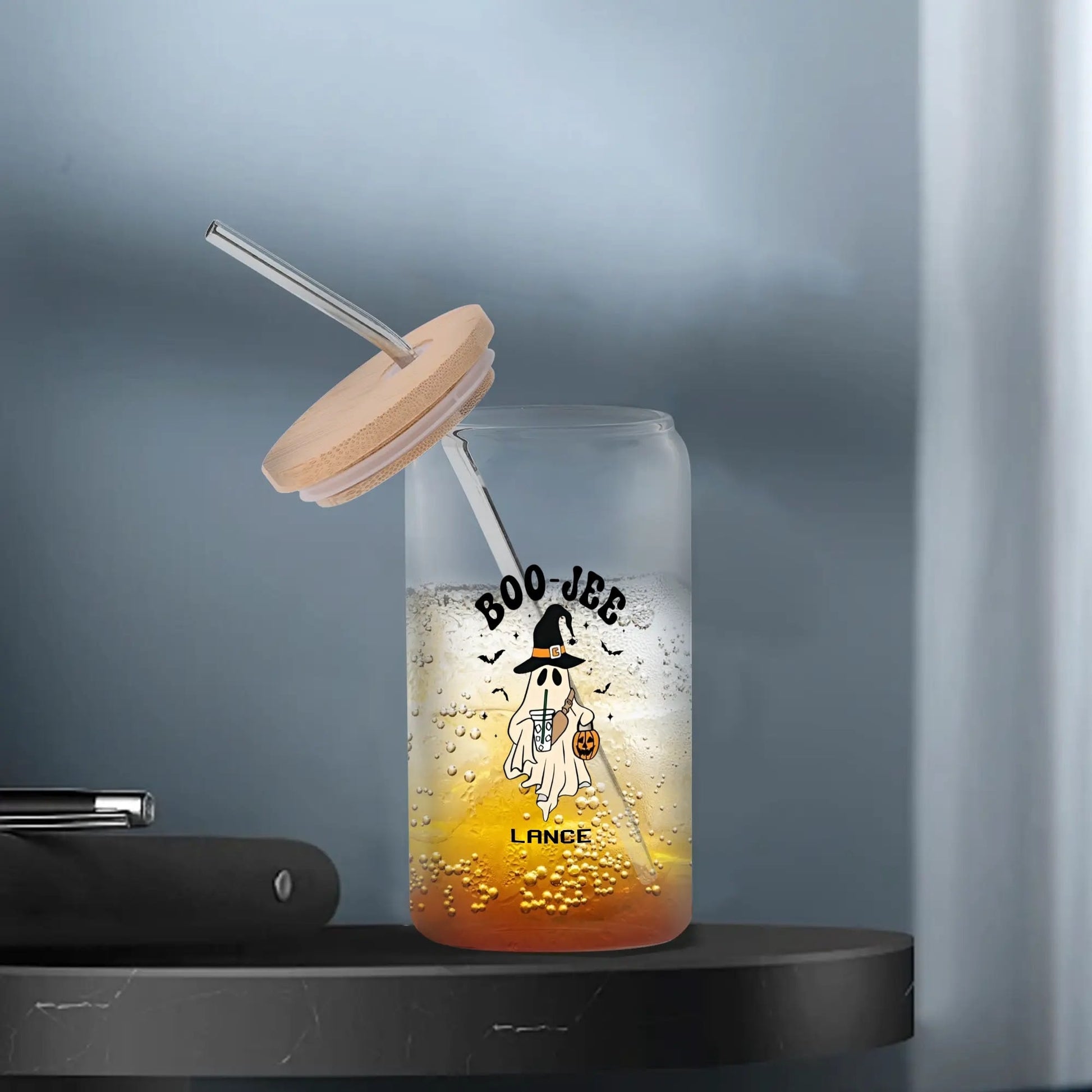 Customizable Halloween Ghost Glass Tumbler with Bamboo Lid - 16oz Witchy Drinkware for Coffee & Cocktails - De Krys
