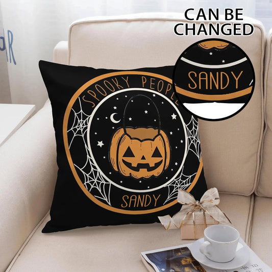 Personalized Halloween pillow cover with jack-o’-lantern, spiderwebs, stars, and custom name, spooky festive throw cushion for Halloween décor.