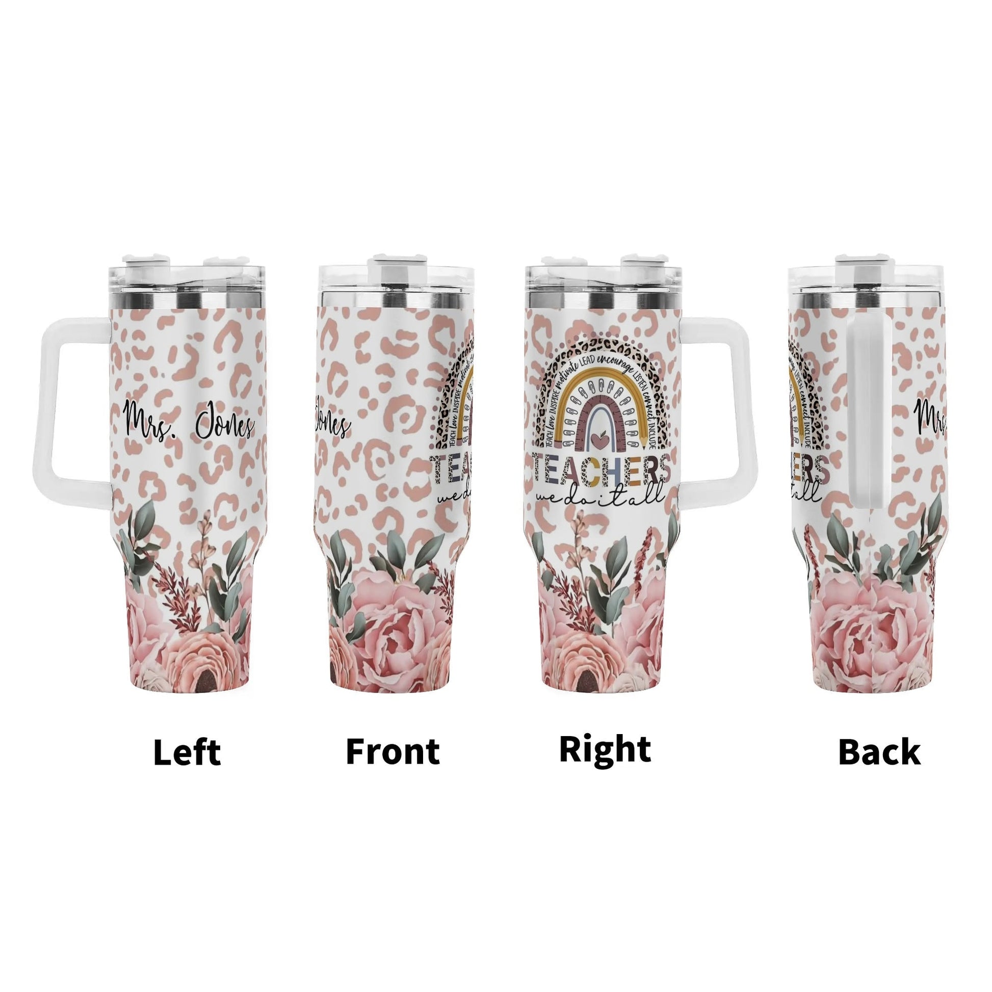Floral Leopard Teacher Tumbler with Name | Boho Rainbow Mug Gift for Educators - De Krys