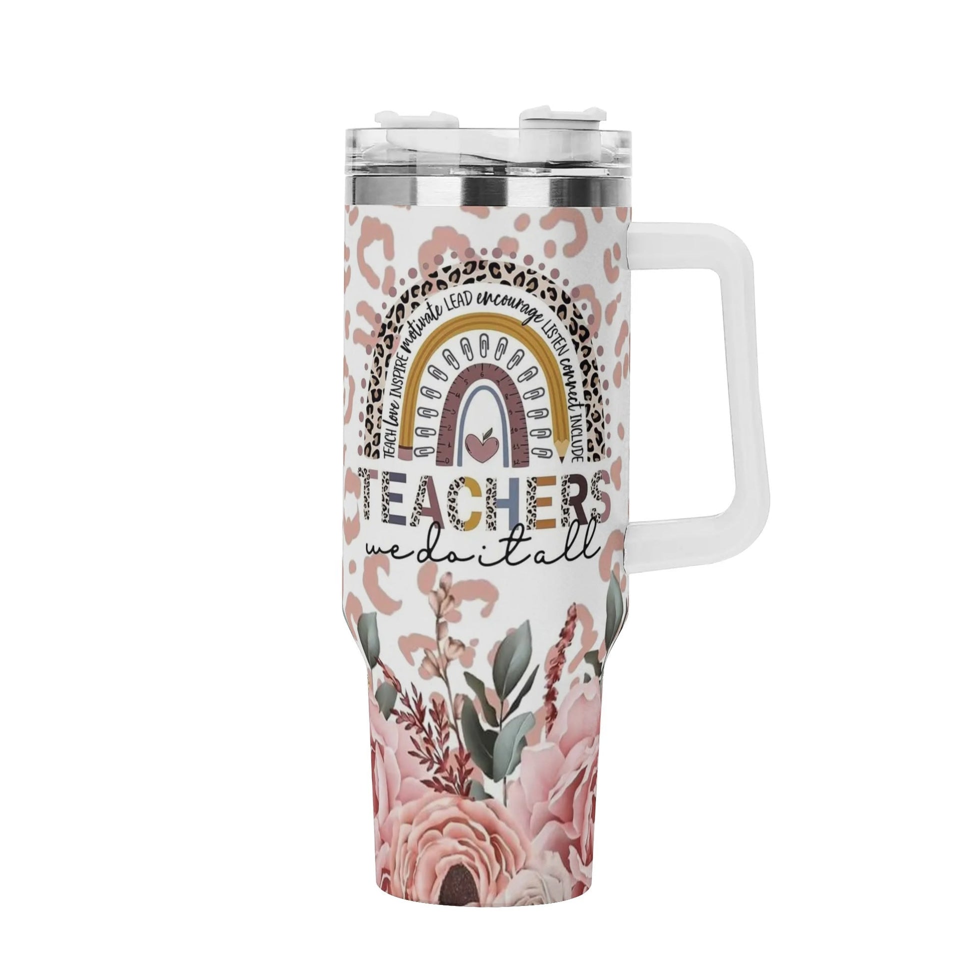 Floral Leopard Teacher Tumbler with Name | Boho Rainbow Mug Gift for Educators - De Krys