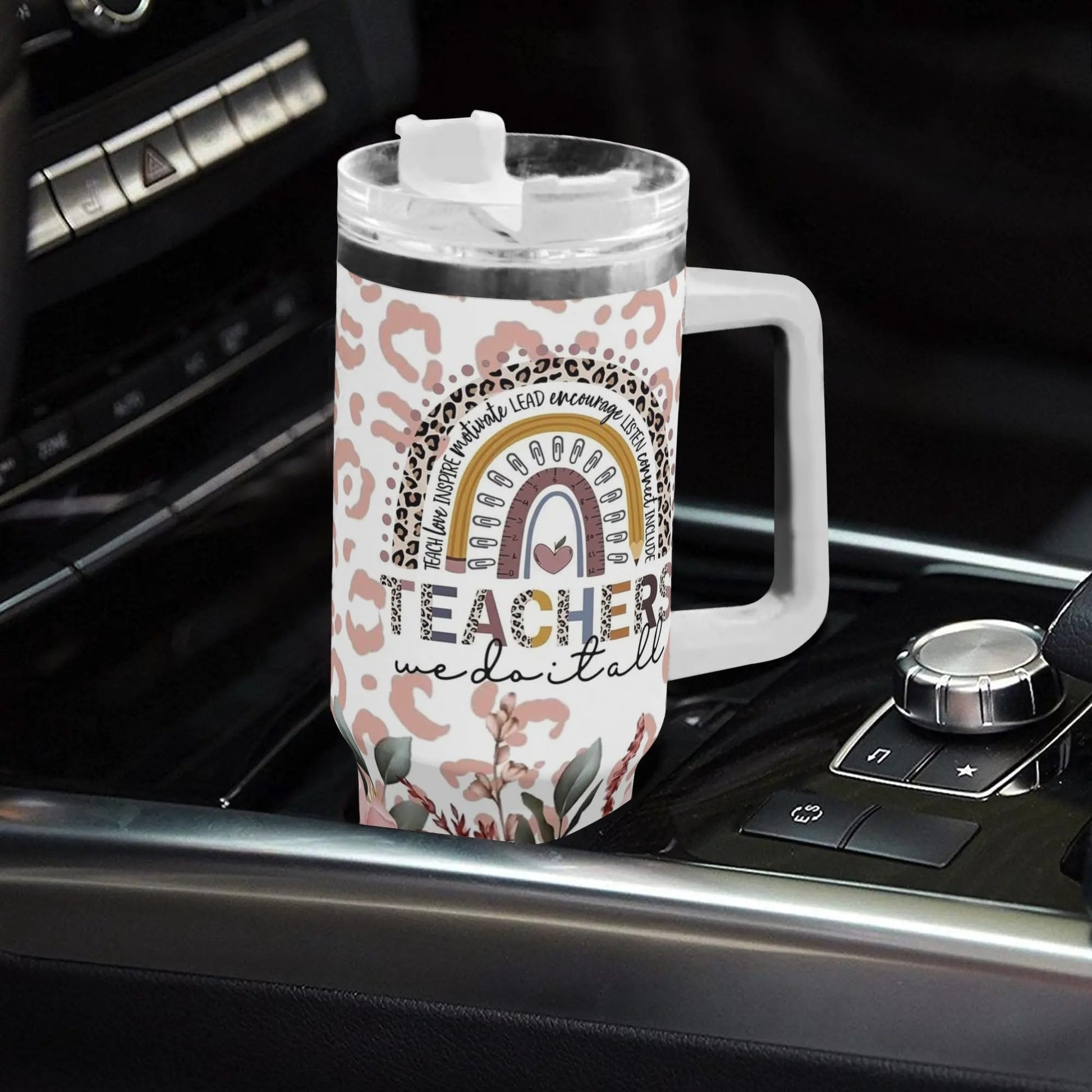 Floral Leopard Teacher Tumbler with Name | Boho Rainbow Mug Gift for Educators - De Krys