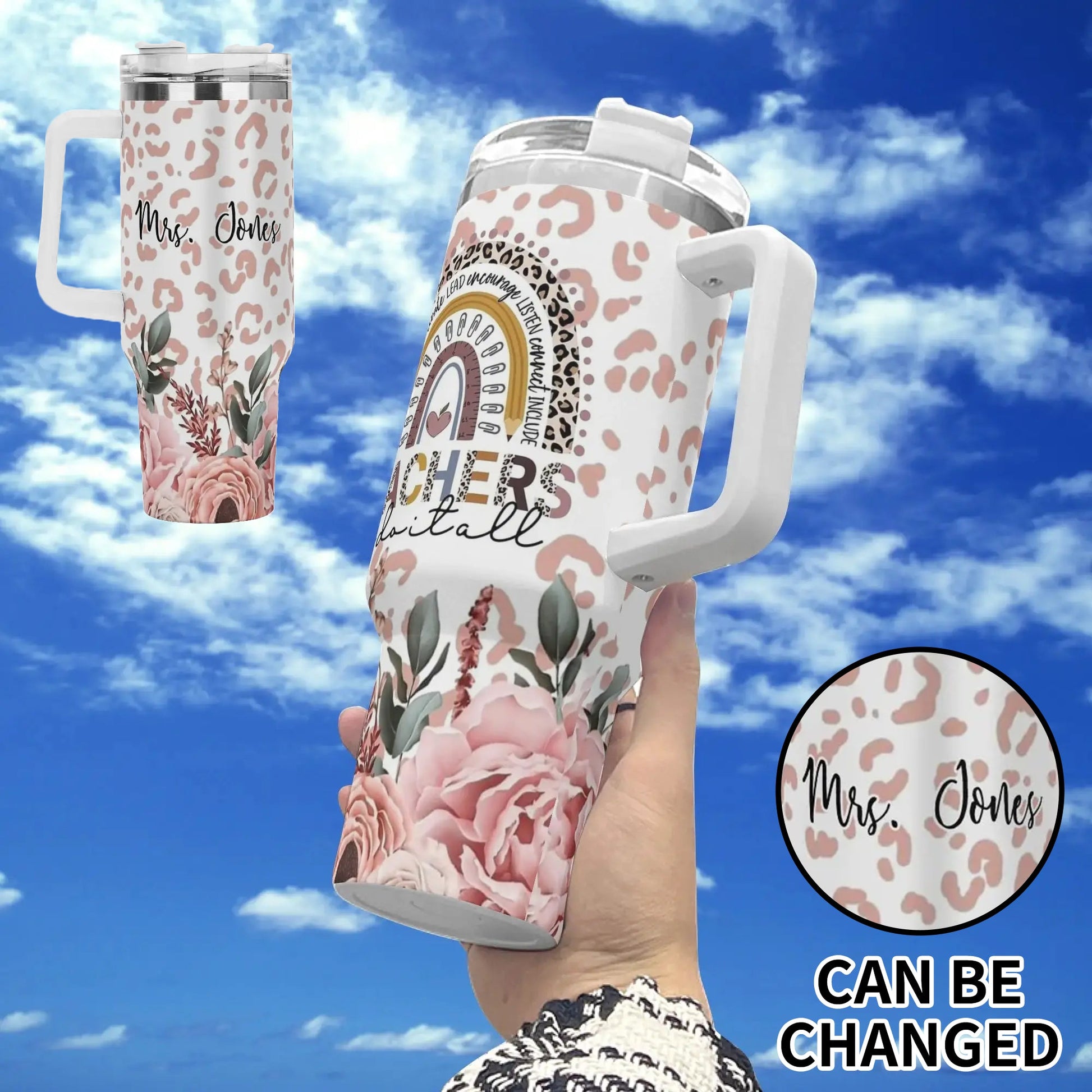 Custom boho teacher mug with pink roses and name.