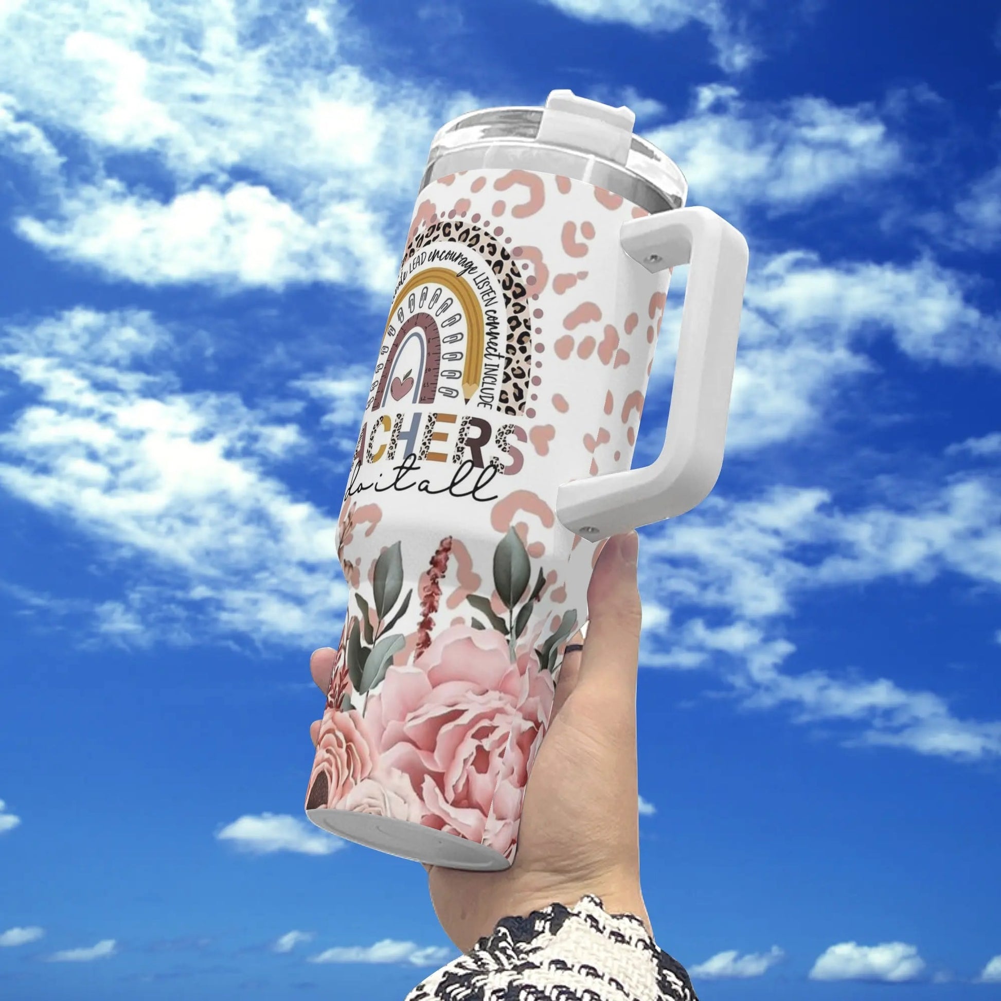 Floral Leopard Teacher Tumbler with Name | Boho Rainbow Mug Gift for Educators - De Krys