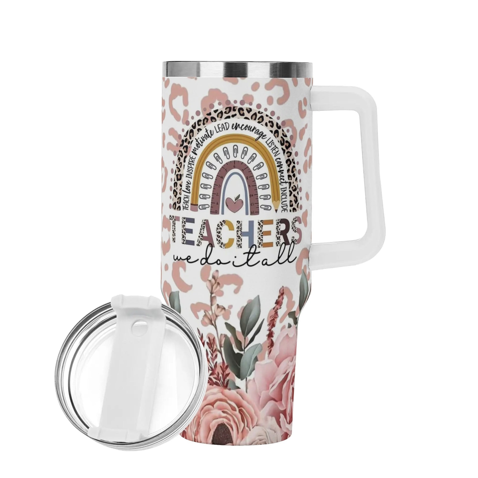 Floral Leopard Teacher Tumbler with Name | Boho Rainbow Mug Gift for Educators - De Krys