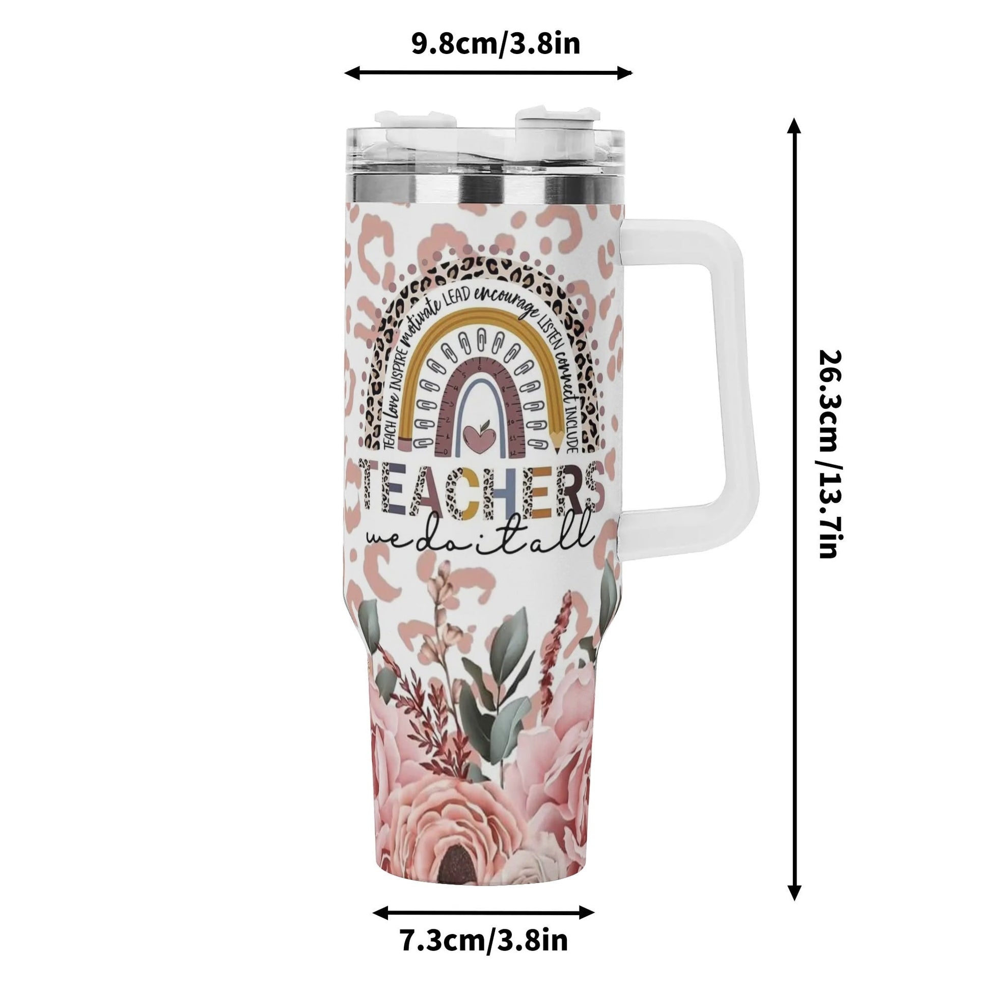 Floral Leopard Teacher Tumbler with Name | Boho Rainbow Mug Gift for Educators - De Krys