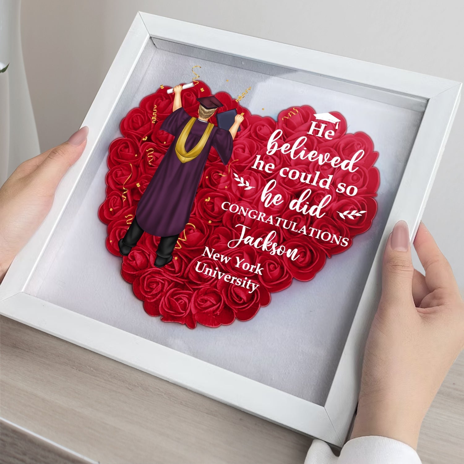 Inspirational graduation décor gift with name, cap, and diploma design