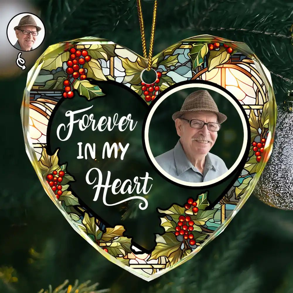 Personalized memorial ornament with photo, heart-shaped stained glass design, and “Forever in My Heart” quote