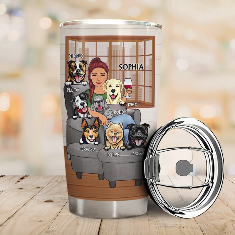 Custom tumbler featuring woman and her dog illustration with pet’s name, perfect gift for dog moms