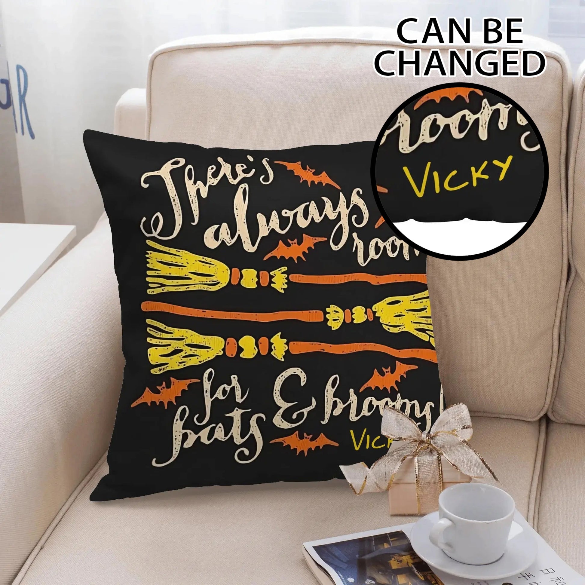 Personalized Halloween pillow cover with witch broomsticks, bats, and custom name, decorative spooky throw cushion for Halloween home dƩcor.