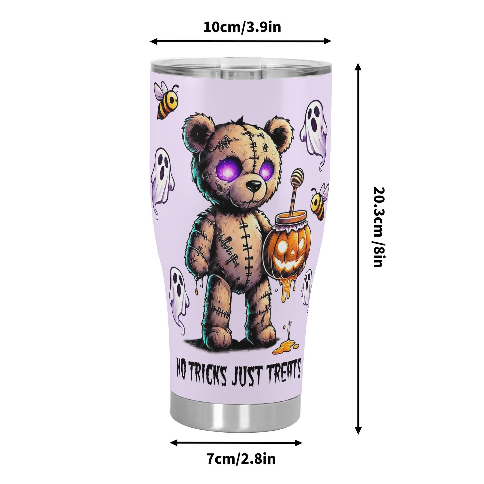Haunted Teddy āNo Tricks, Just Treatsā Halloween Tumbler ā 20oz Custom Spooky Cute Stainless Steel Mug - De Krys