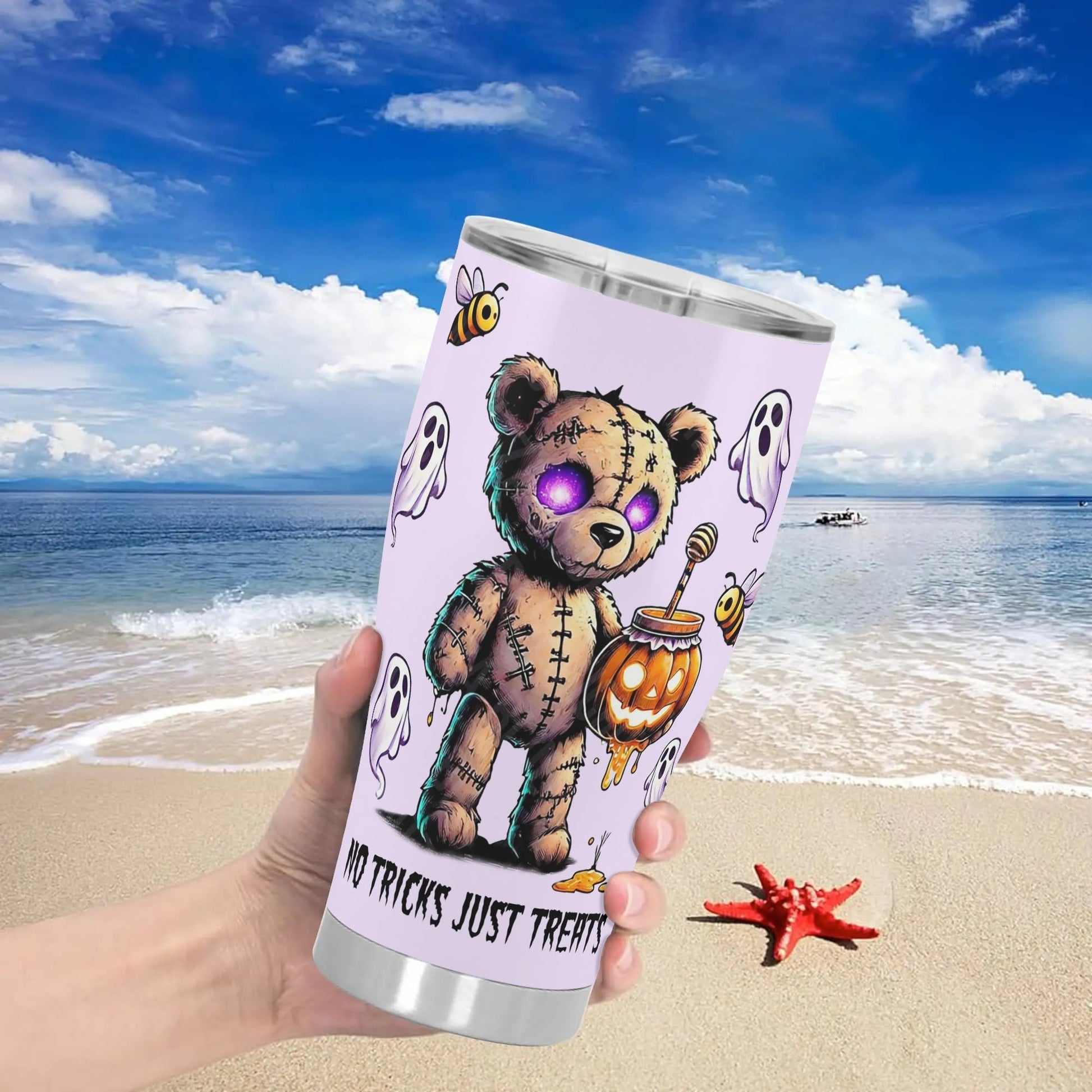 Haunted Teddy āNo Tricks, Just Treatsā Halloween Tumbler ā 20oz Custom Spooky Cute Stainless Steel Mug - De Krys