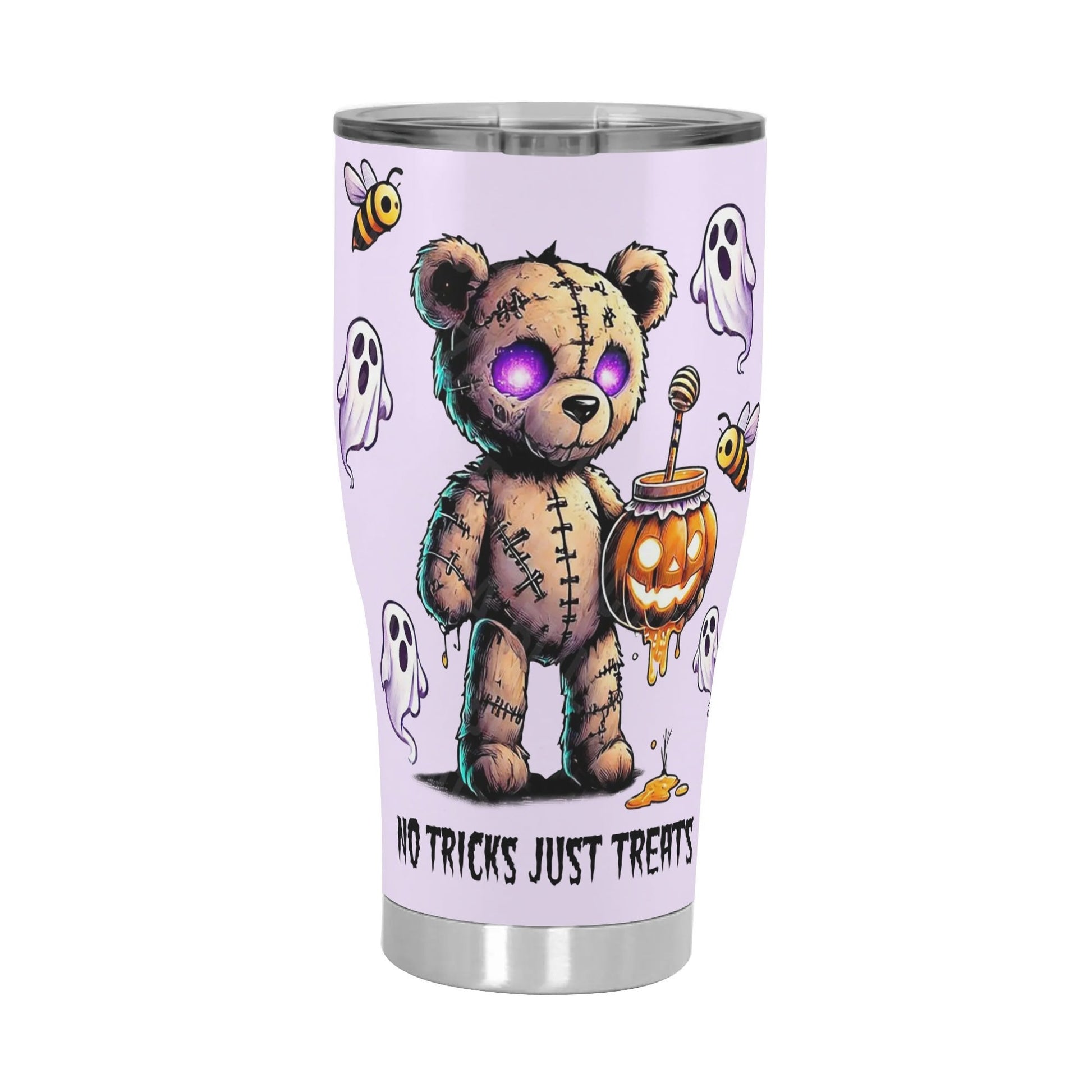 Haunted Teddy āNo Tricks, Just Treatsā Halloween Tumbler ā 20oz Custom Spooky Cute Stainless Steel Mug - De Krys
