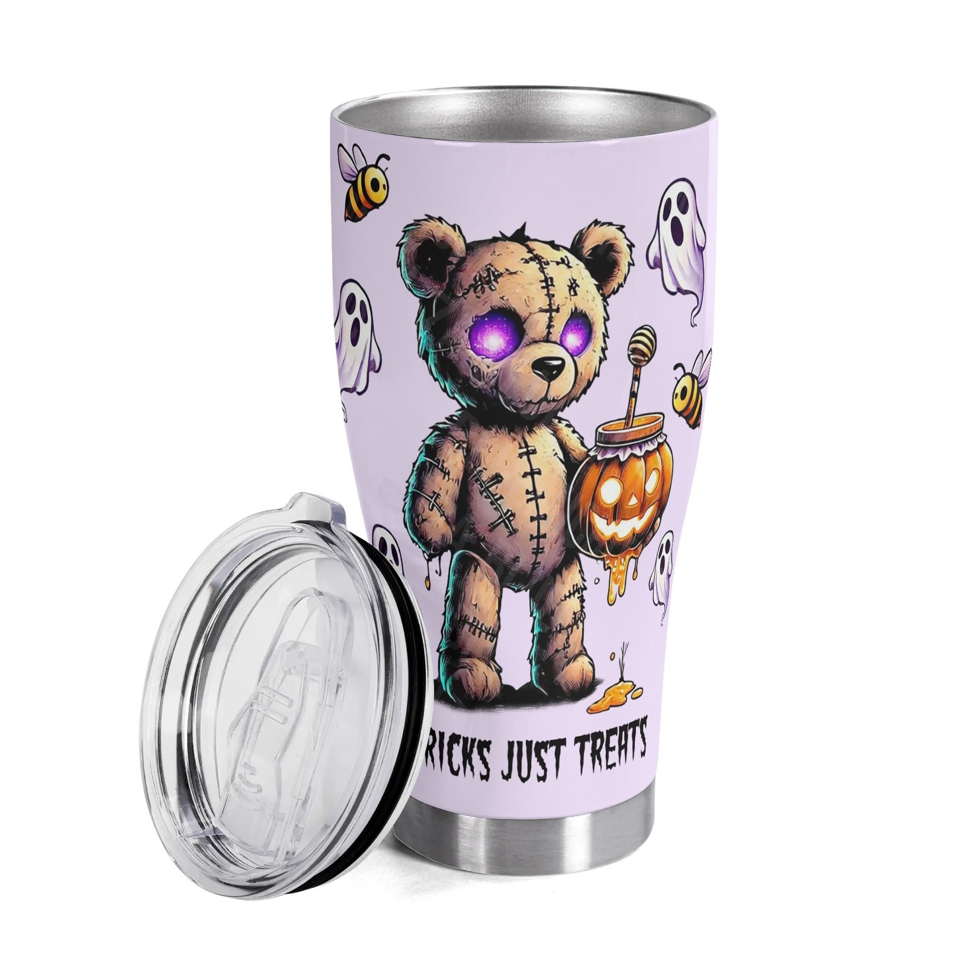 Haunted Teddy āNo Tricks, Just Treatsā Halloween Tumbler ā 20oz Custom Spooky Cute Stainless Steel Mug - De Krys