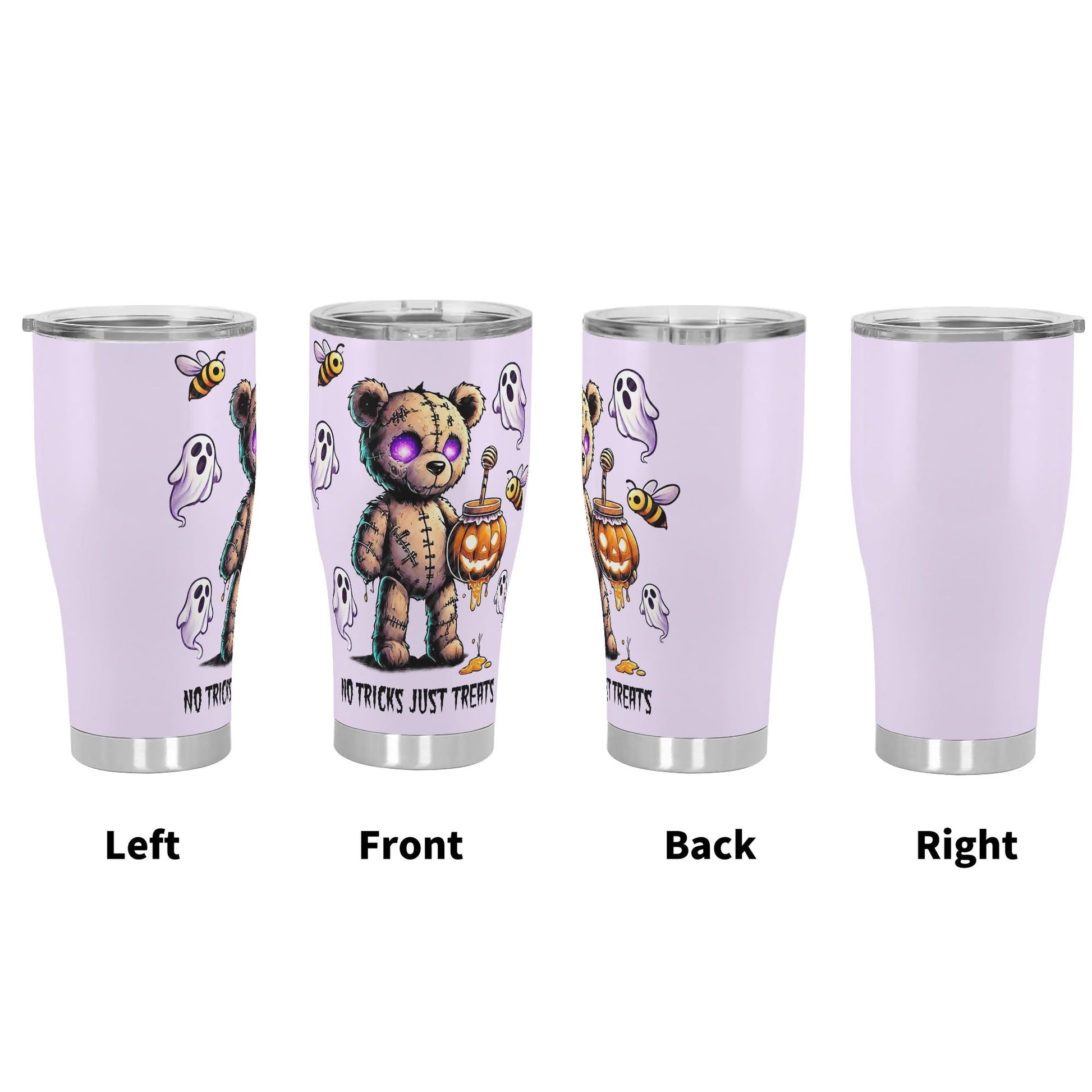 Haunted Teddy āNo Tricks, Just Treatsā Halloween Tumbler ā 20oz Custom Spooky Cute Stainless Steel Mug - De Krys