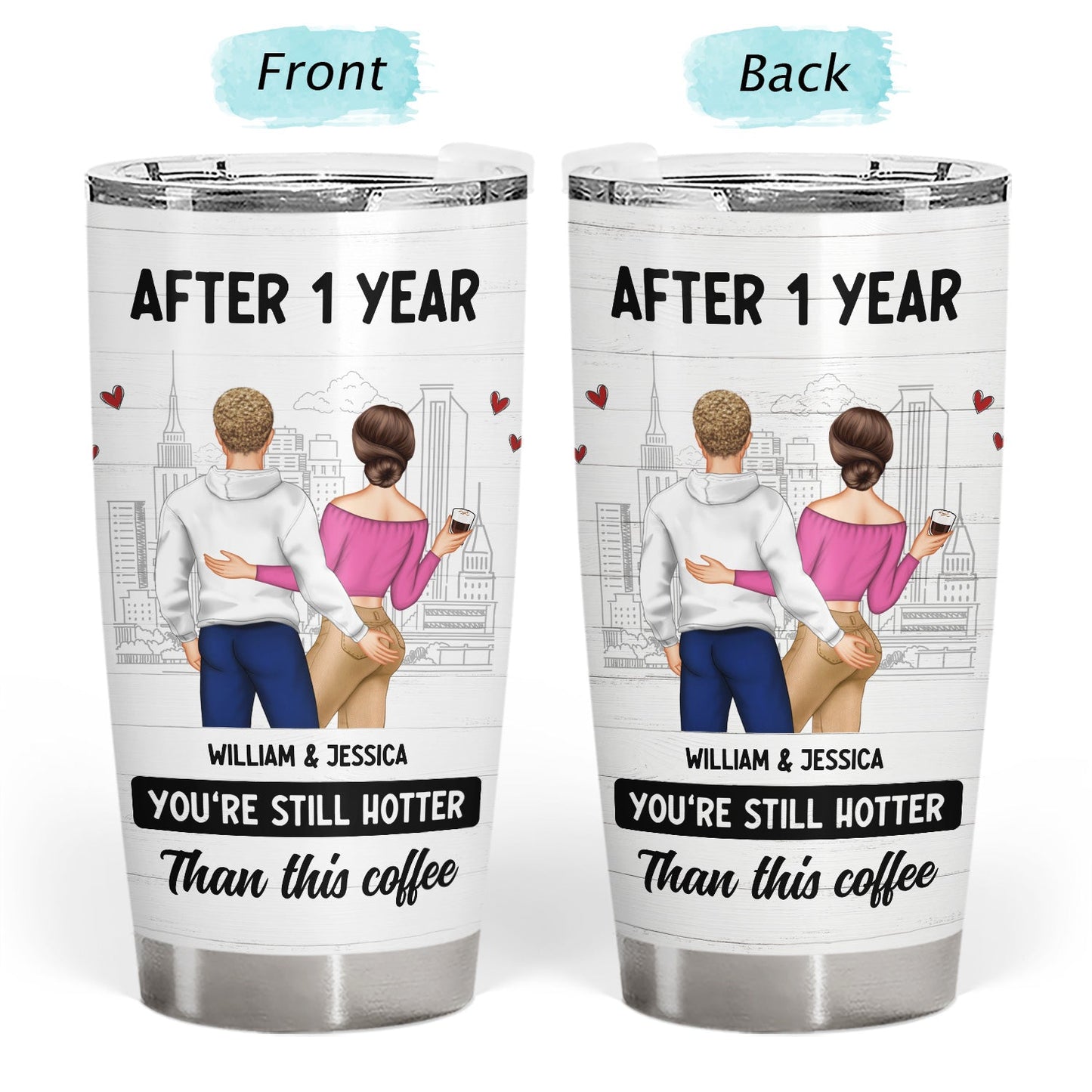 Personalized couple tumbler gift with names and romantic anniversary design