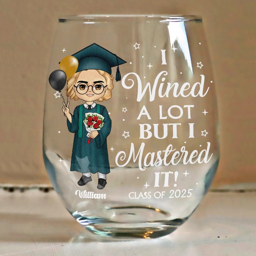 Personalized graduation wine glass with cartoon graduate and custom name
