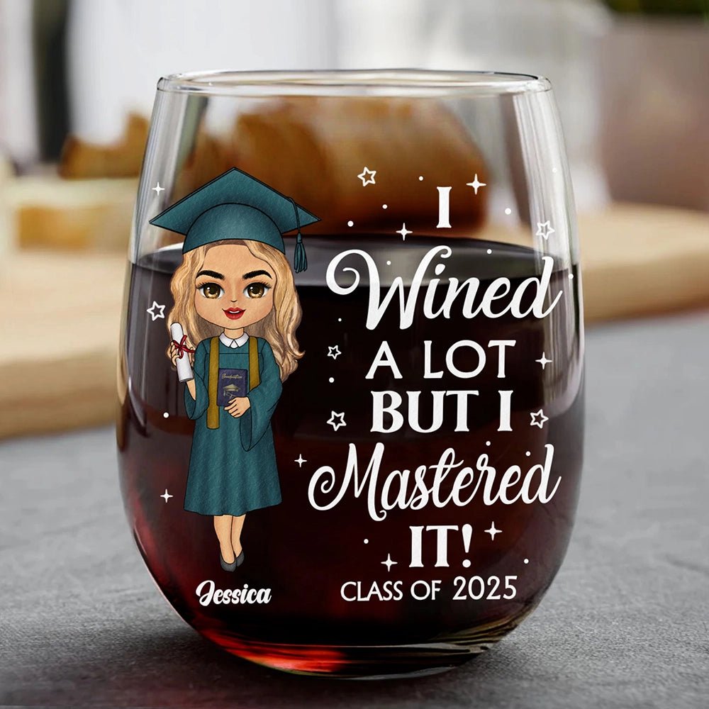 Custom grad gift stemless wine glass