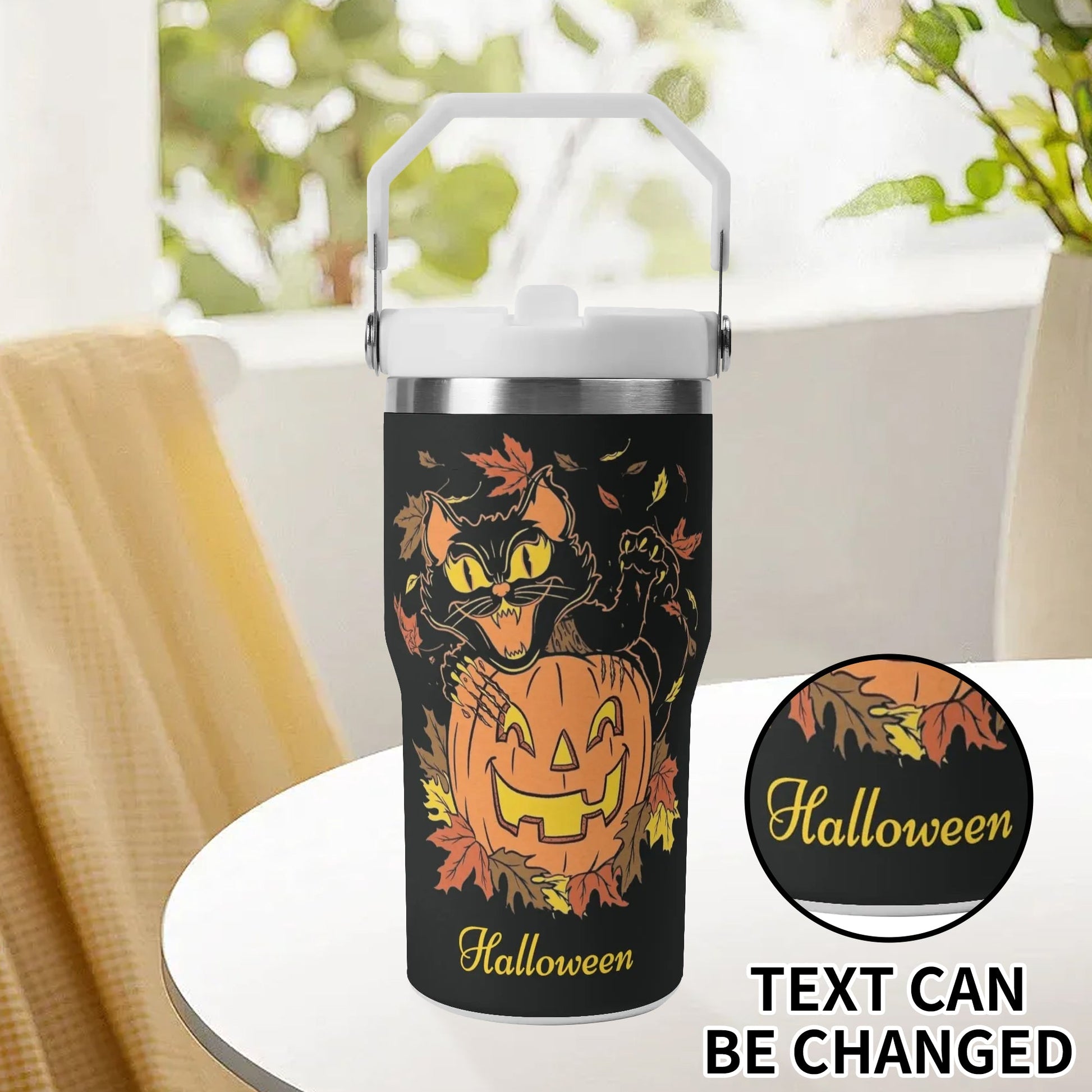 Black Cat Pumpkin Halloween Tumbler with autumn leaves, jack-o’-lantern design, and customizable text option. Stainless steel insulated cup.