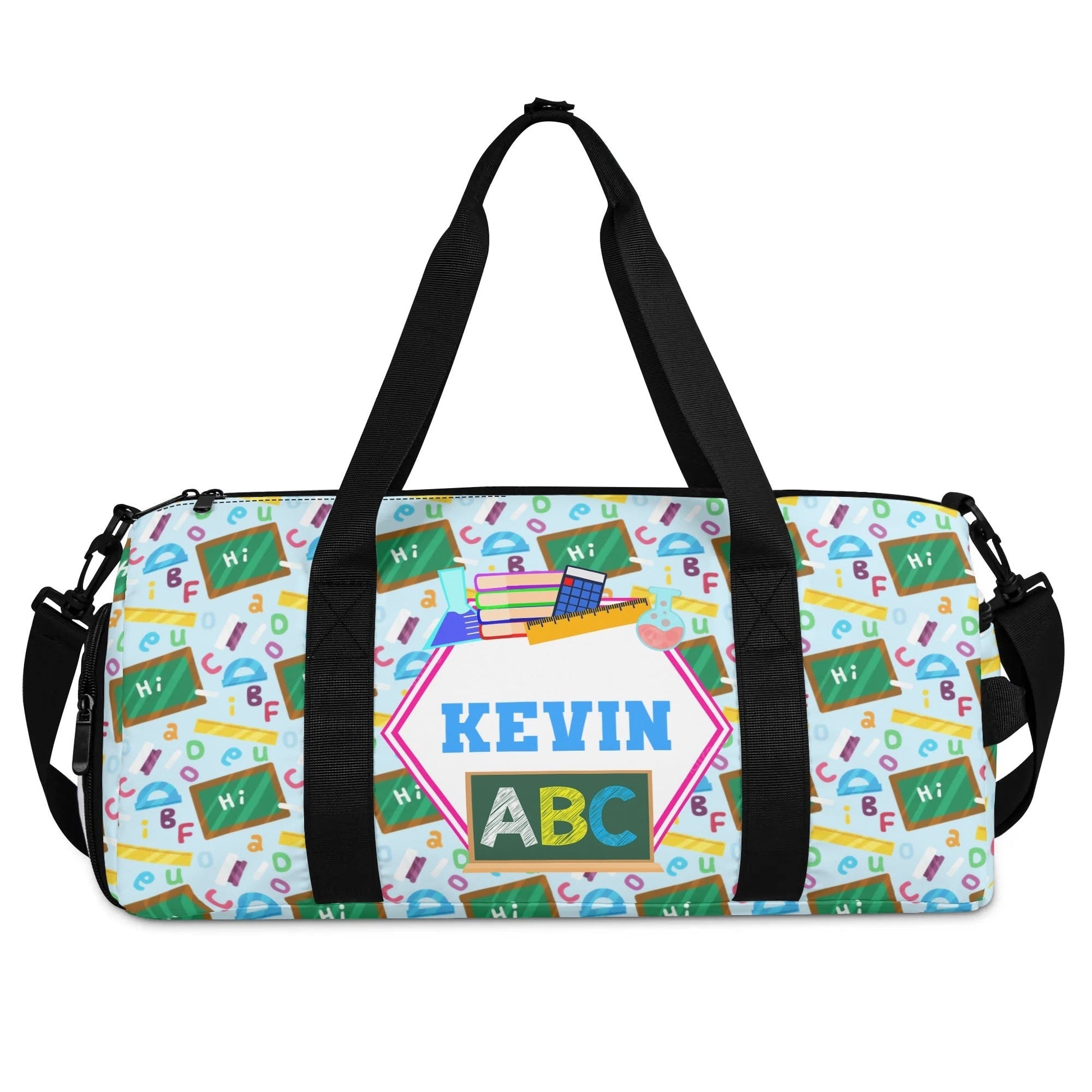 Personalized kids ABC duffel bag with custom name, colorful alphabet design, and durable straps. Perfect for school, sports, or travel.