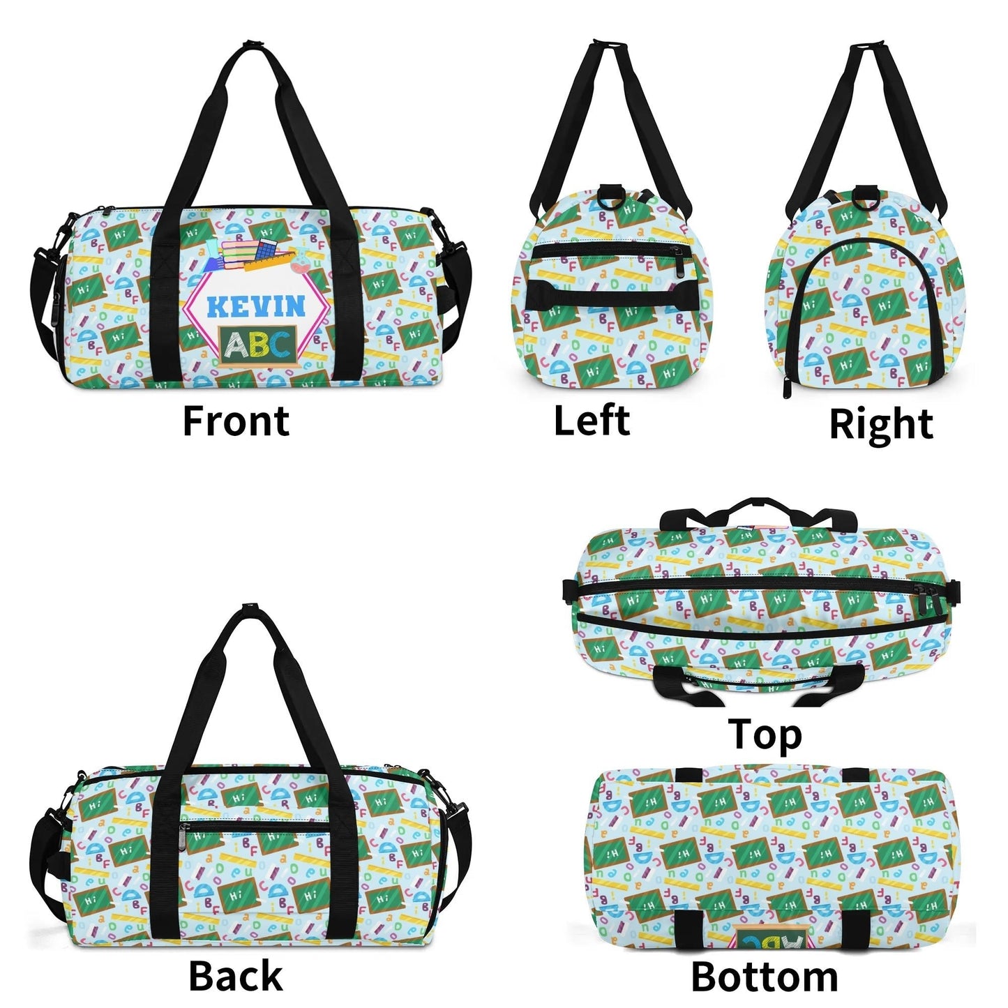 Custom name children’s duffel bag with playful ABC and school pattern, lightweight yet spacious for everyday use