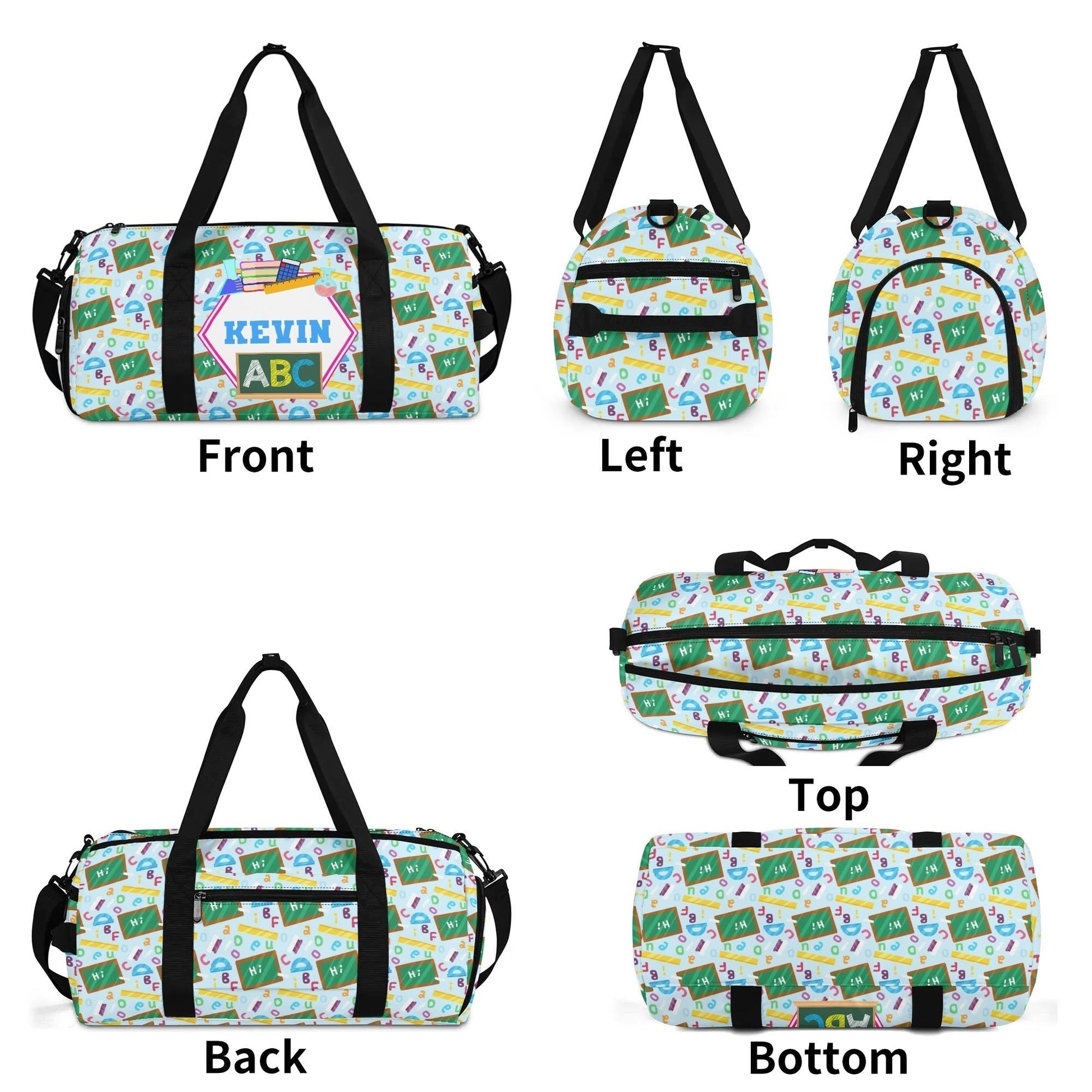 Custom name children’s duffel bag with playful ABC and school pattern, lightweight yet spacious for everyday use