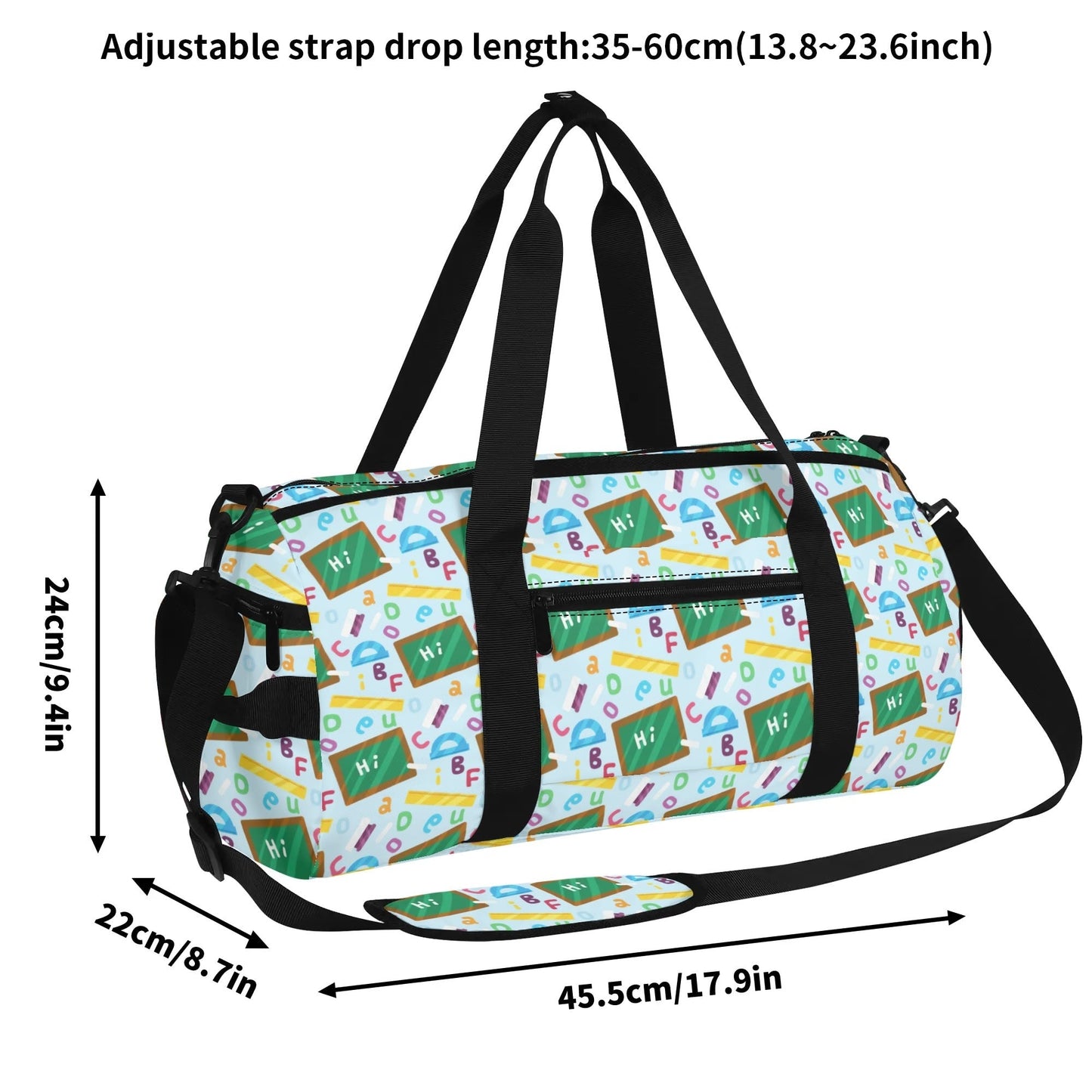 Personalized kids ABC duffel bag with custom name, colorful alphabet design, and durable straps. Perfect for school, sports, or travel.