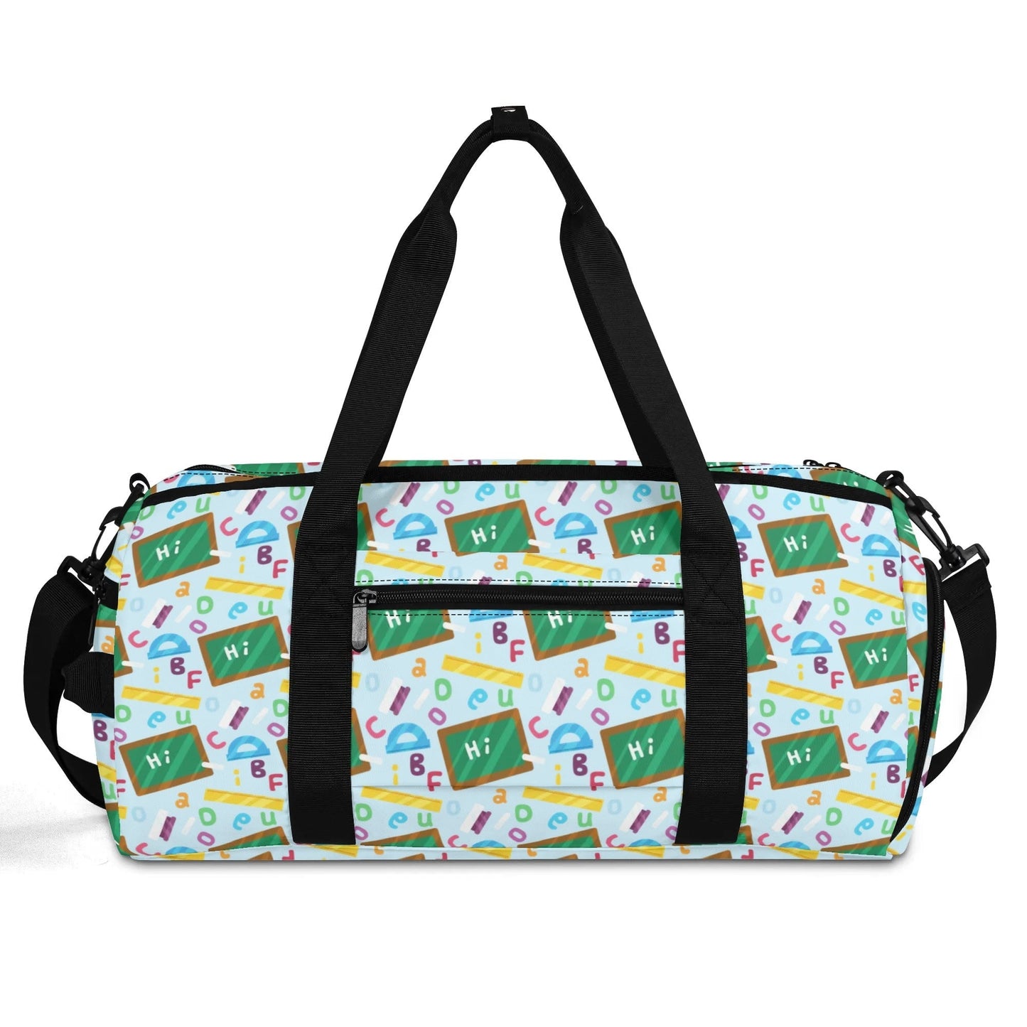 Kids personalized alphabet-themed duffel bag with name customization, ideal for back-to-school, sleepovers, and weekend trips.