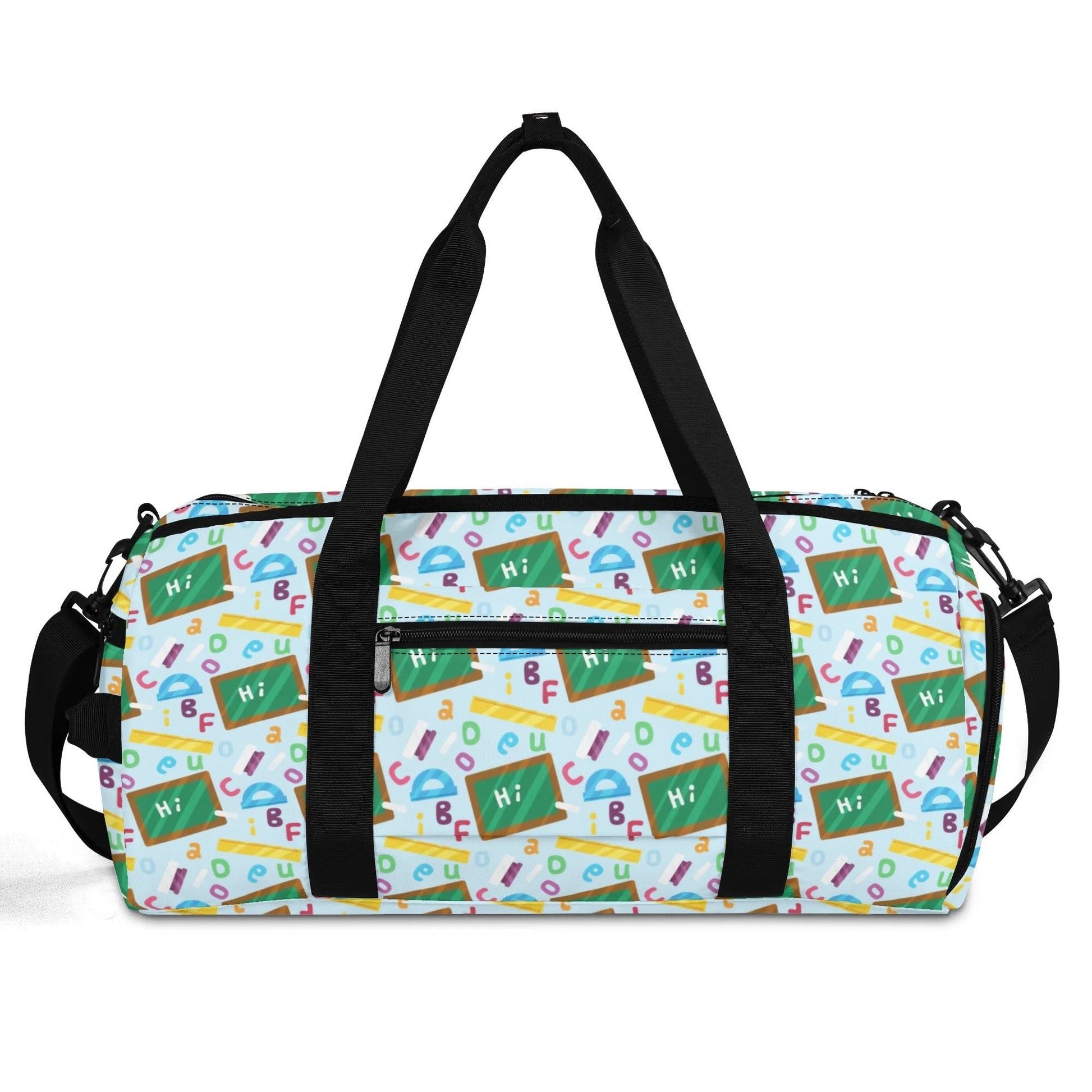 Kids personalized alphabet-themed duffel bag with name customization, ideal for back-to-school, sleepovers, and weekend trips.