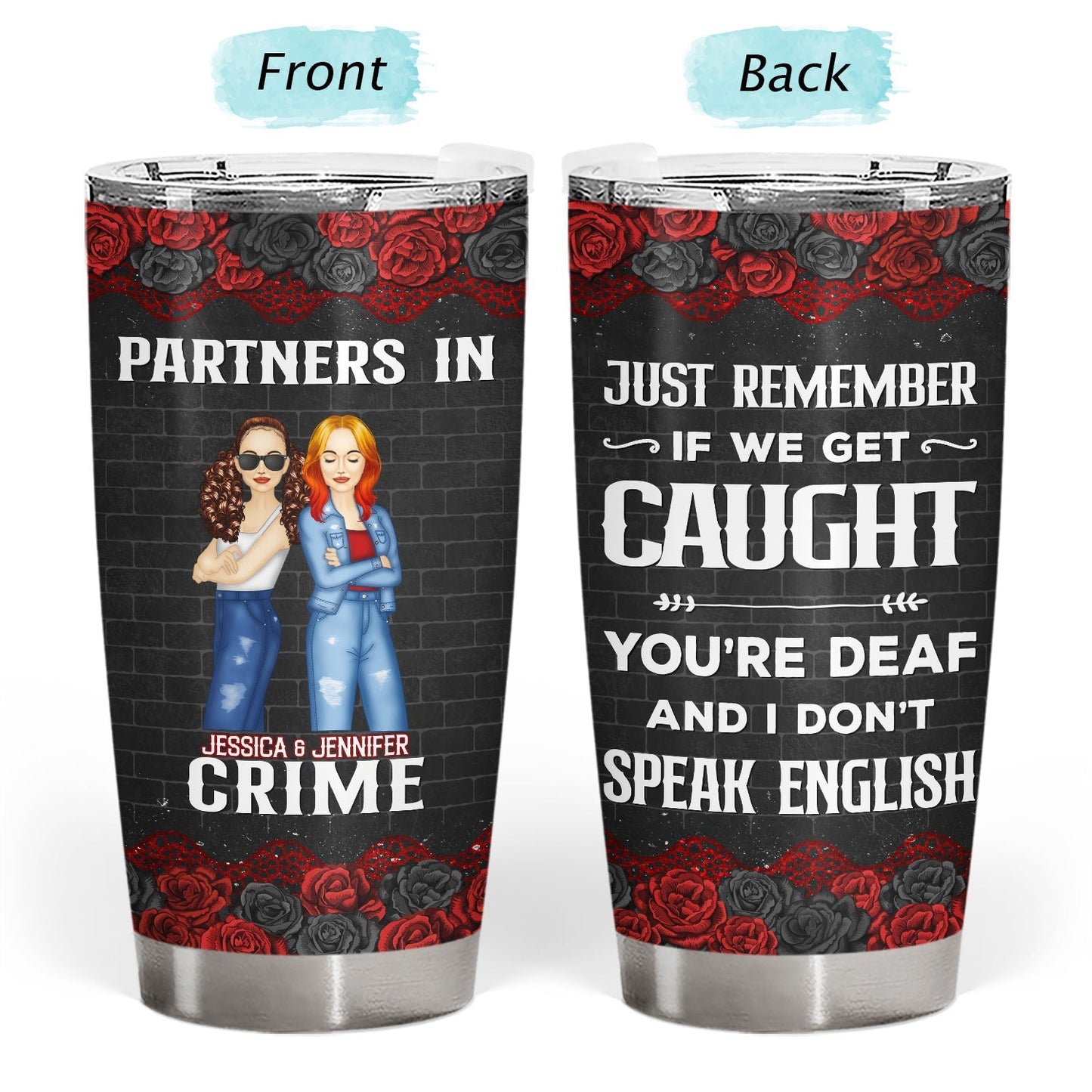 Personalized best friends tumbler with custom names, cartoon characters, and funny quote.