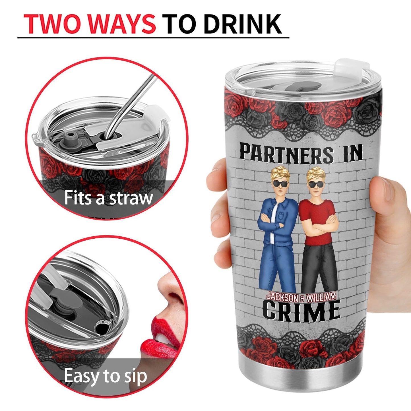 Funny personalized best friend gift tumbler with red and black rose design