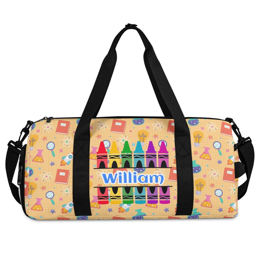 Personalized kids duffel bag with crayons and school supply design – custom name option