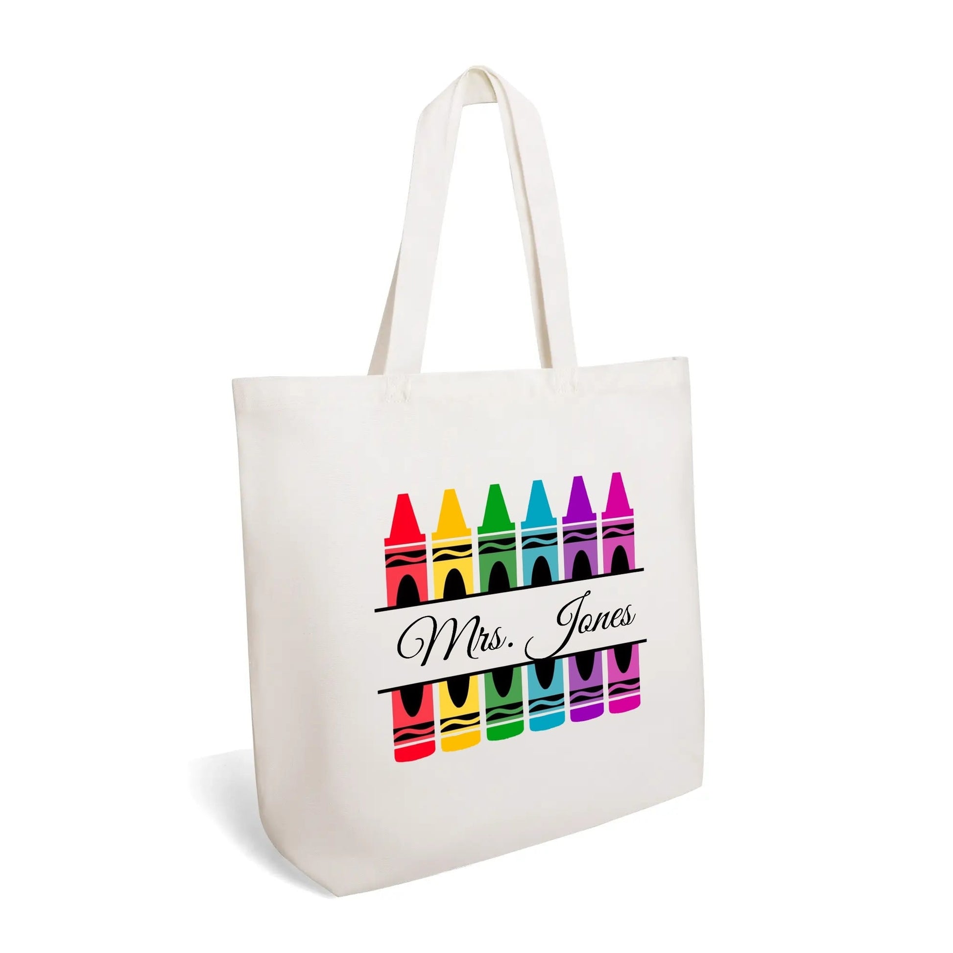 Personalized Crayon Teacher Tote – Rainbow Custom Name Teacher Bag - De Krys