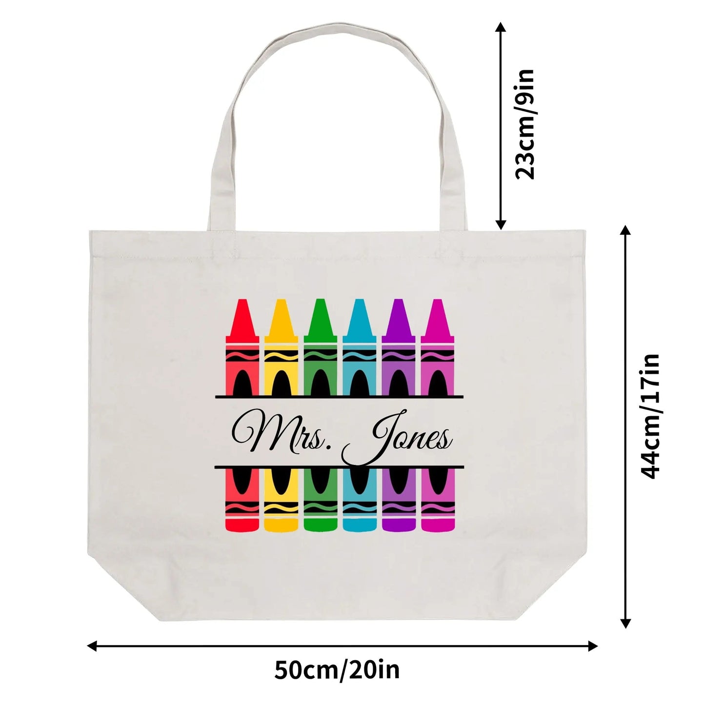 Durable canvas tote bag with colorful crayon artwork and personalized name – perfect teacher appreciation gift