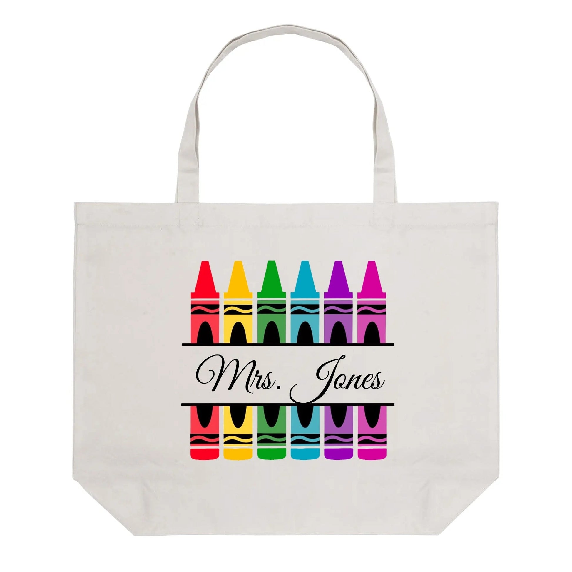 Personalized teacher tote bag with rainbow crayon design – custom name canvas school bag gift for educators
