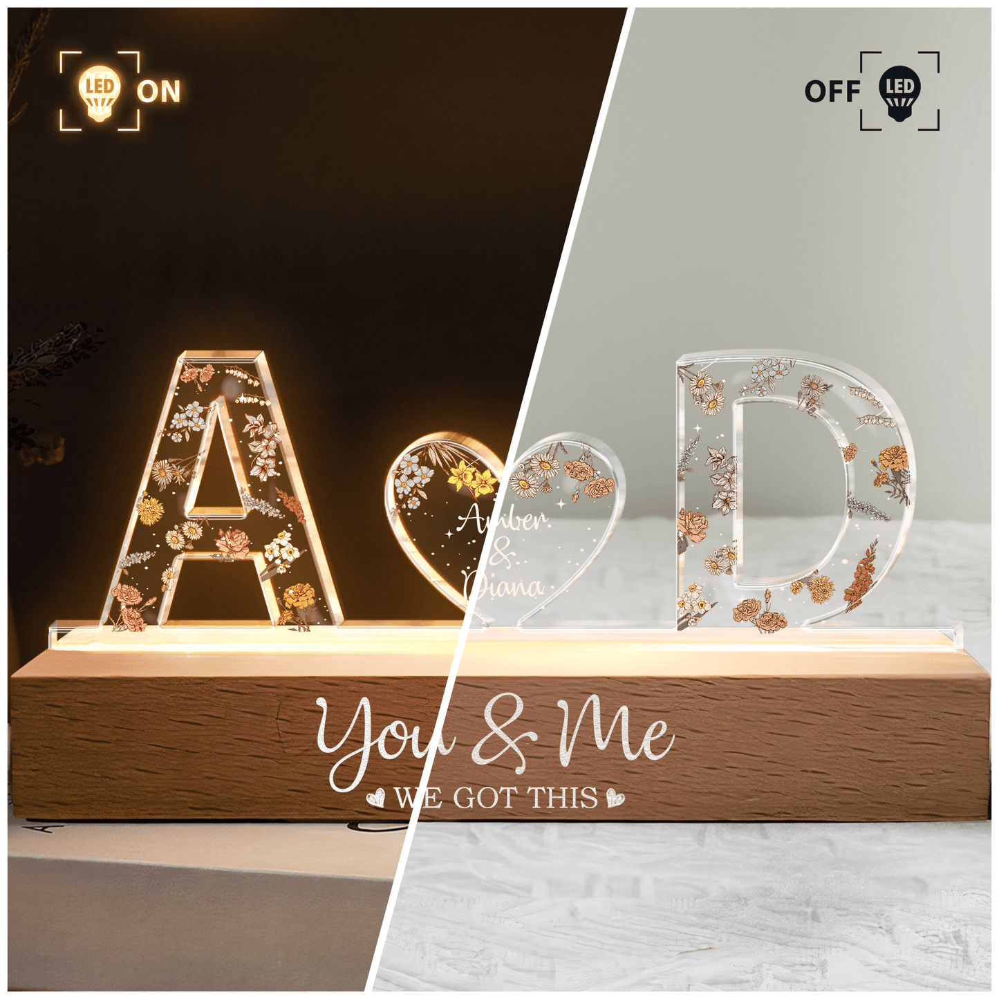 Personalized Floral LED Night Light – You & Me “We Got This” Lamp - De Krys