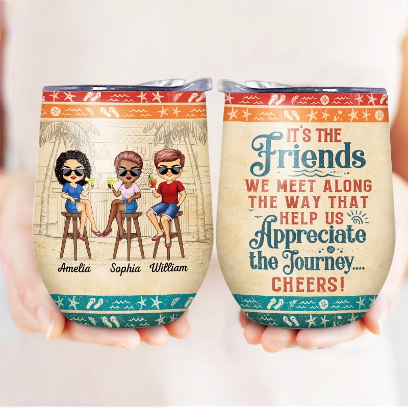 Personalized friends wine tumbler custom gift for best friends, beach design keepsake cup with names