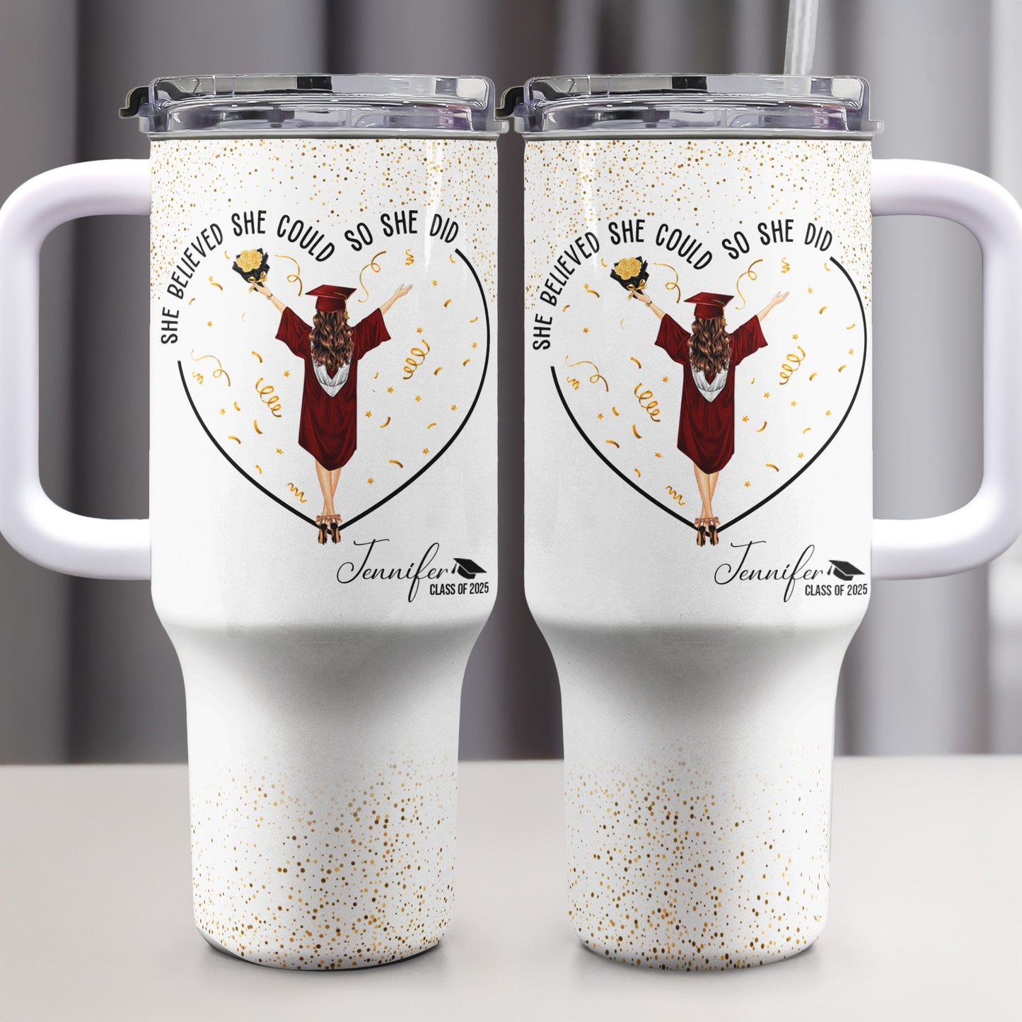 Graduation gift tumbler for her, motivational custom cup with graduation year and name