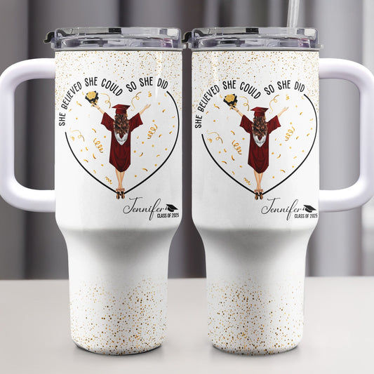 Graduation gift tumbler for her, motivational custom cup with graduation year and name