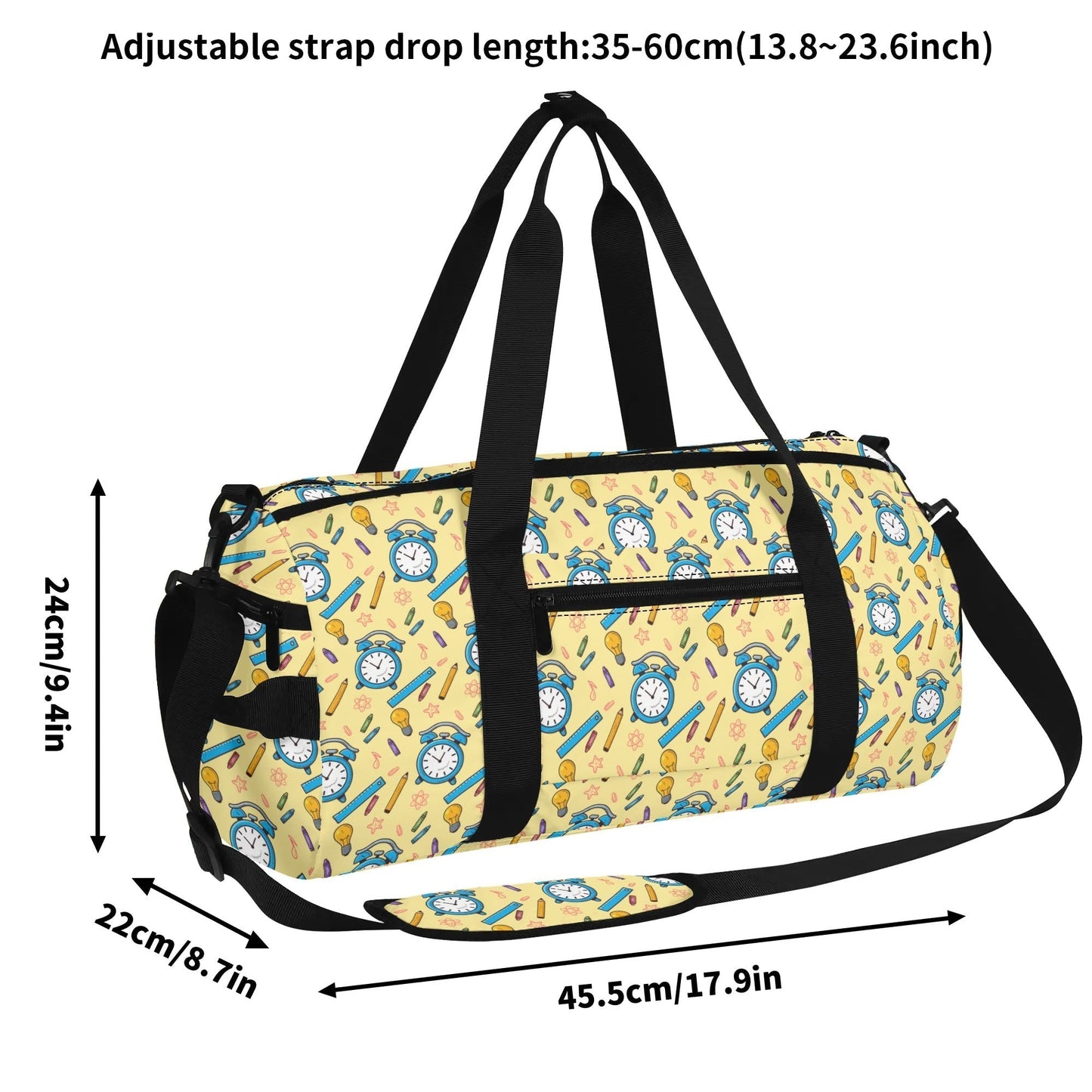 Custom apple and pencil design on duffel bag with teacher’s name printed, vibrant colors, and water-resistant fabric.