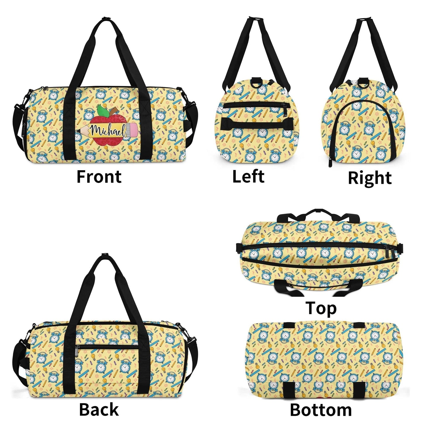 Teacher personalized apple-themed duffel bag, ideal for carrying books, supplies, or gym gear for school and beyond.