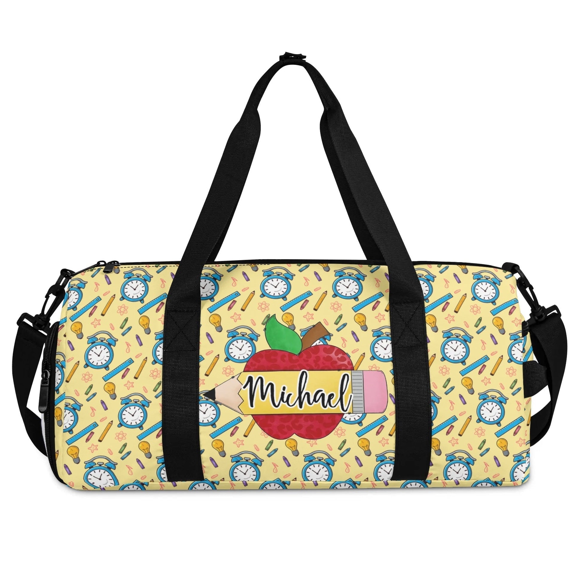 Personalized teacher apple duffel bag with custom name, school supply pattern, and durable straps — perfect for educators and students.