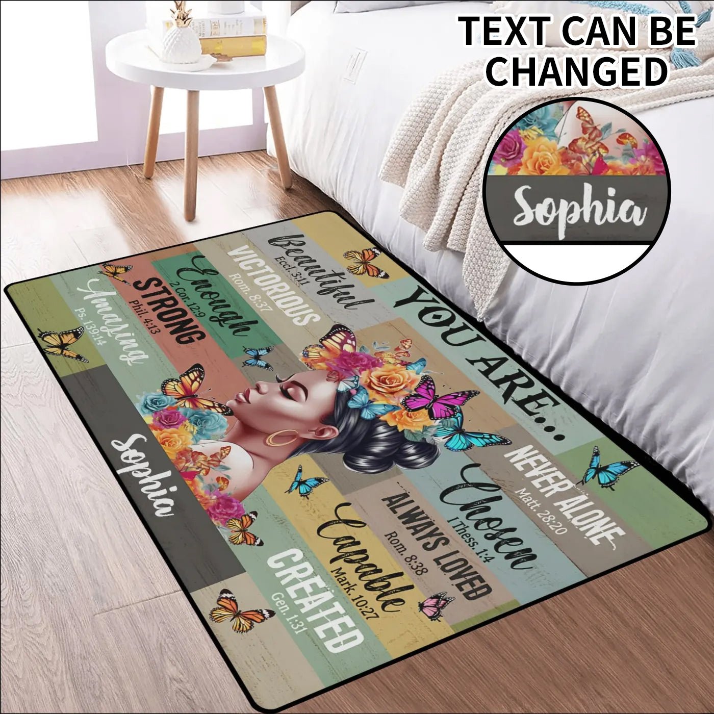 Personalized affirmation rug with name, inspirational words, butterflies & floral art – custom floor mat gift