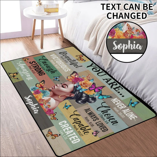 Personalized affirmation rug with name, inspirational words, butterflies & floral art – custom floor mat gift