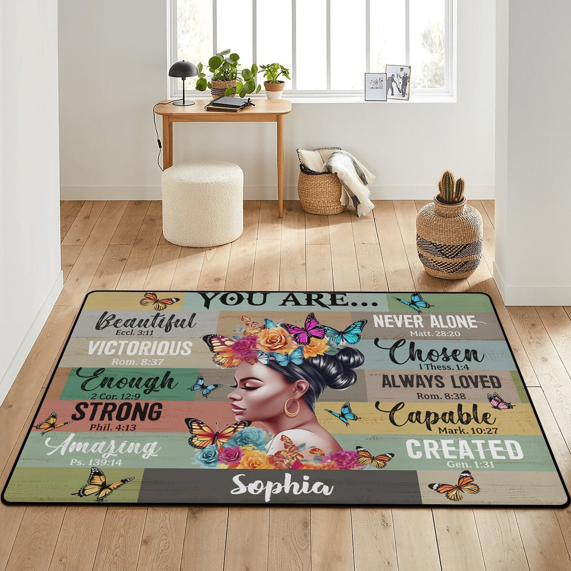 Custom affirmation rug in cozy bedroom with butterflies and flowers, inspiring daily positivity & self-love