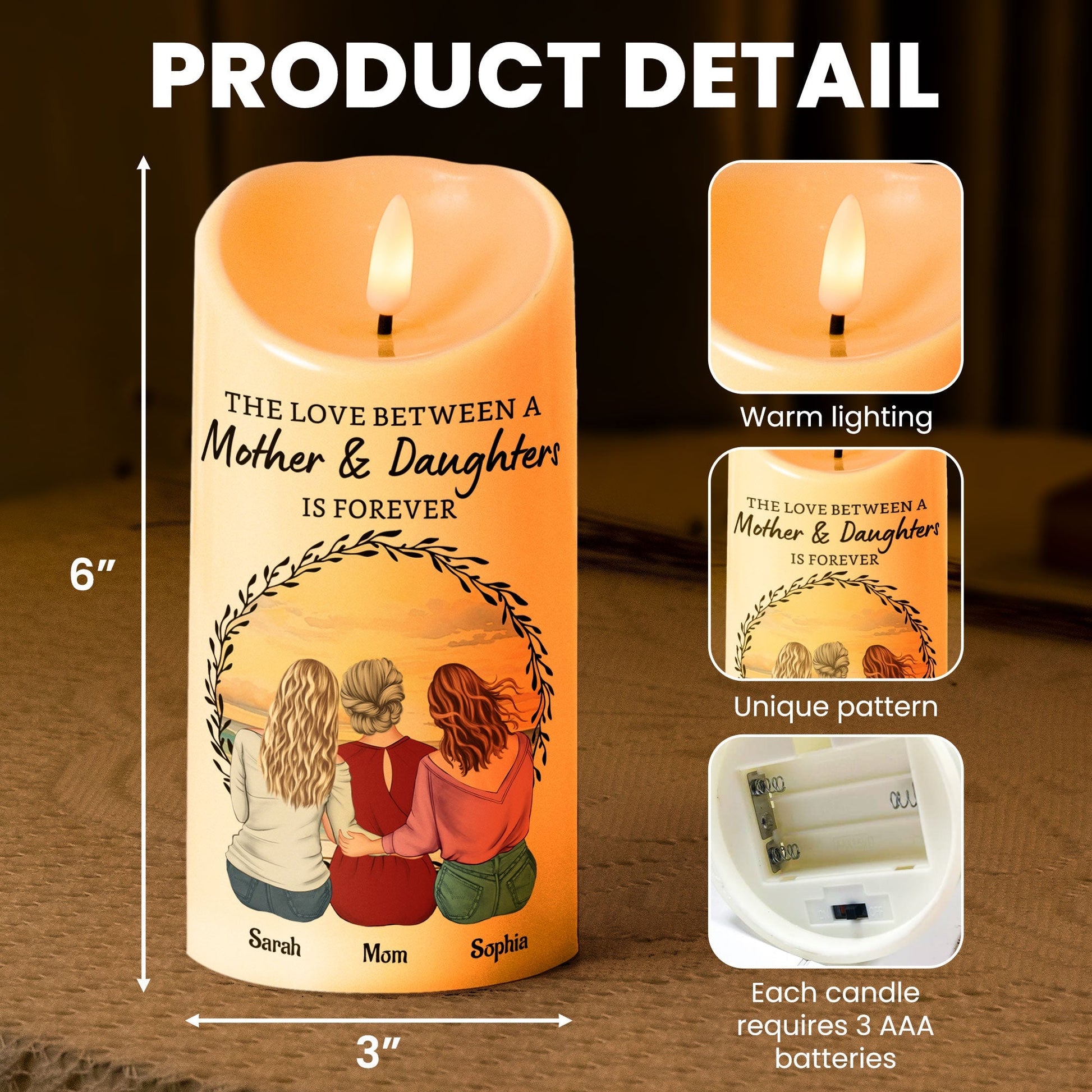 Personalized Mother & Daughters LED Candle – Custom Family Gift - De Krys