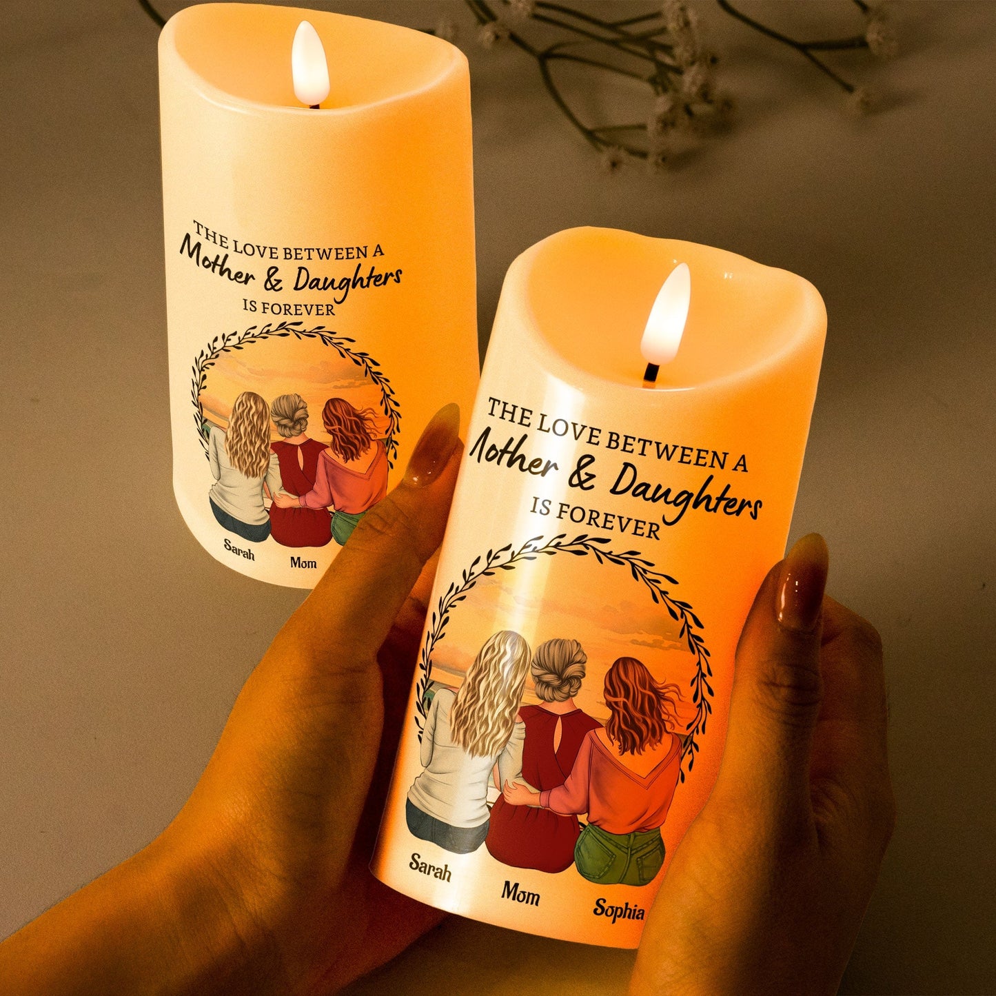 Personalized Mother & Daughters LED Candle – Custom Family Gift - De Krys