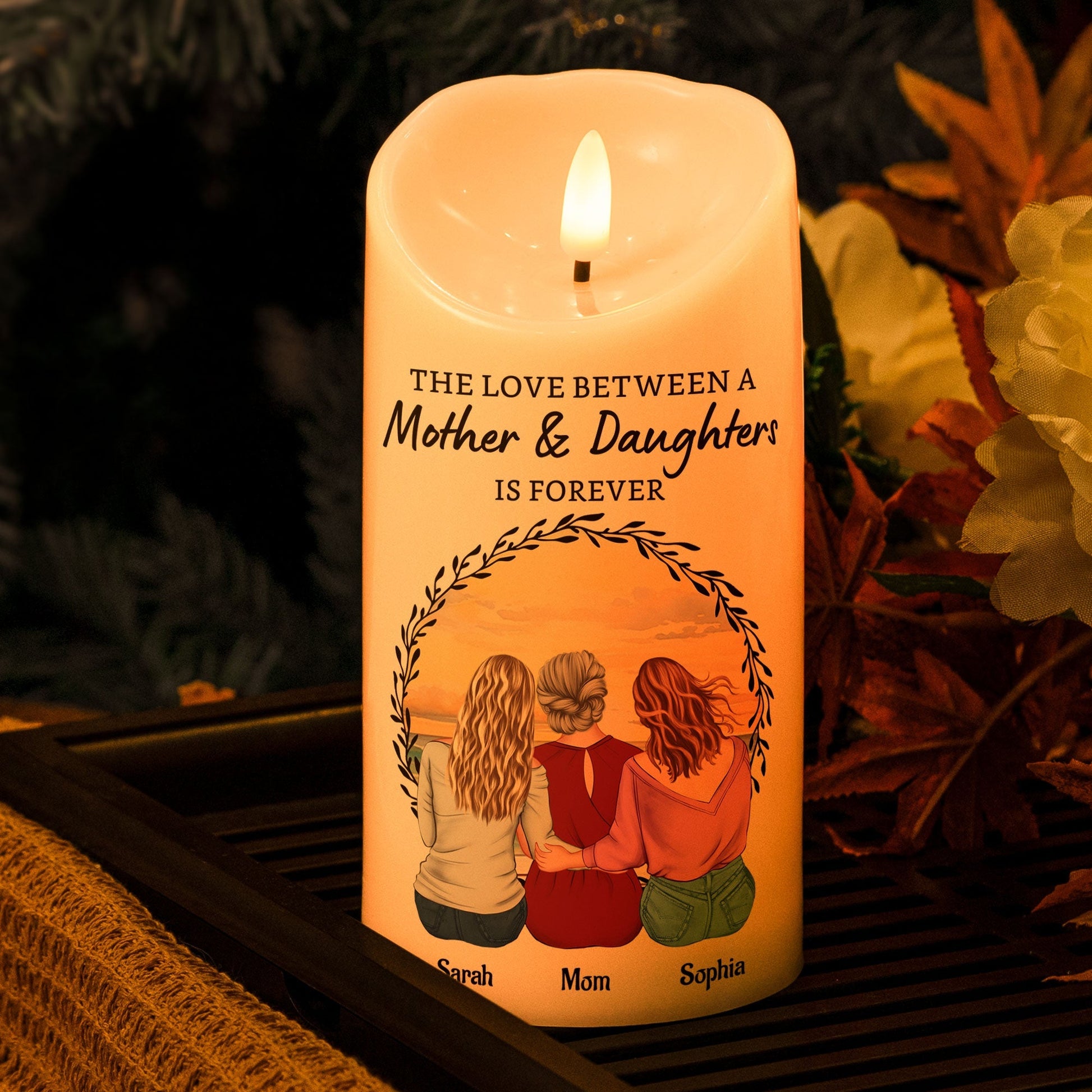Custom flameless candle keepsake with mom and daughters illustration